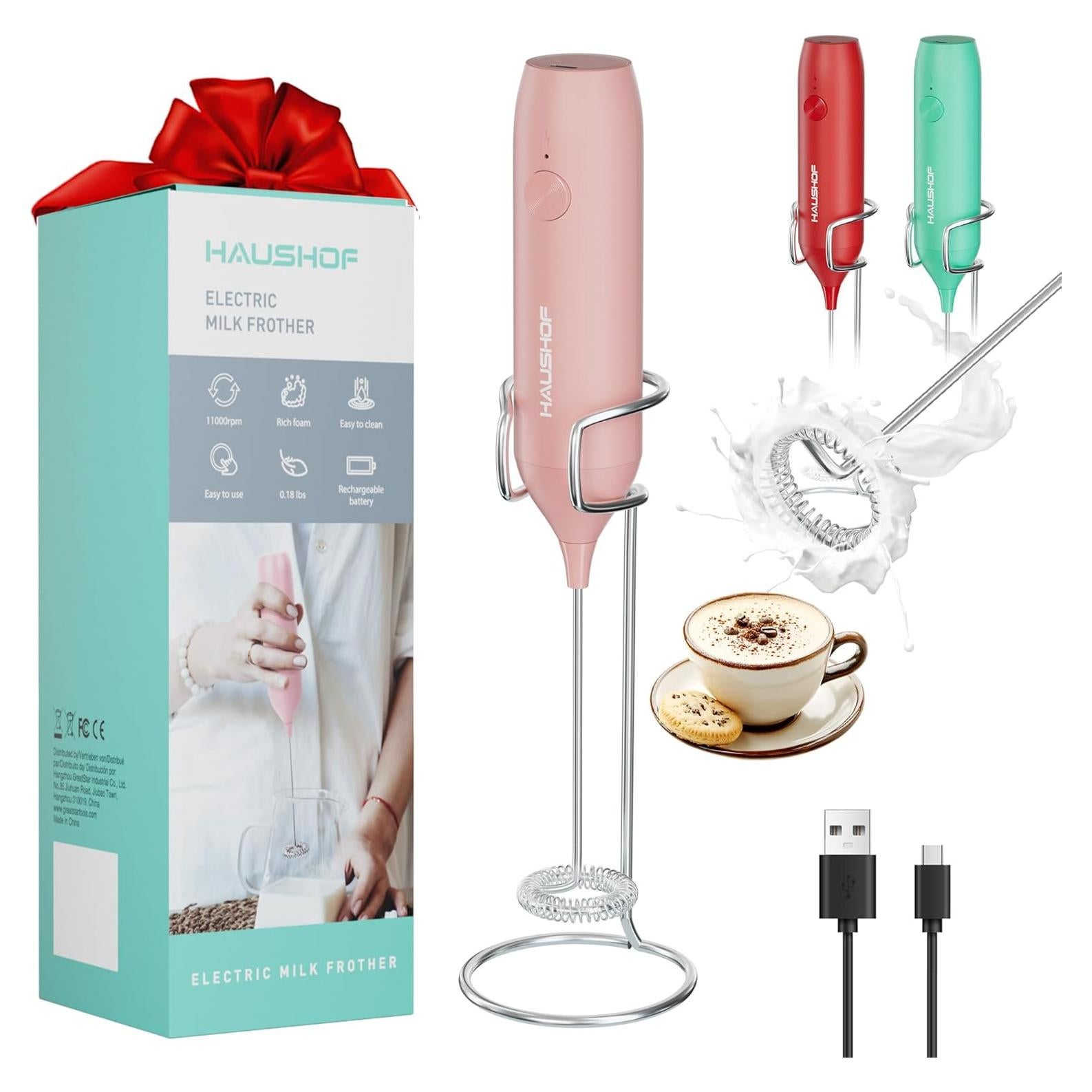 Espumador de Leche Eléctrico HAUSHOF Rosa con Soporte USB-C