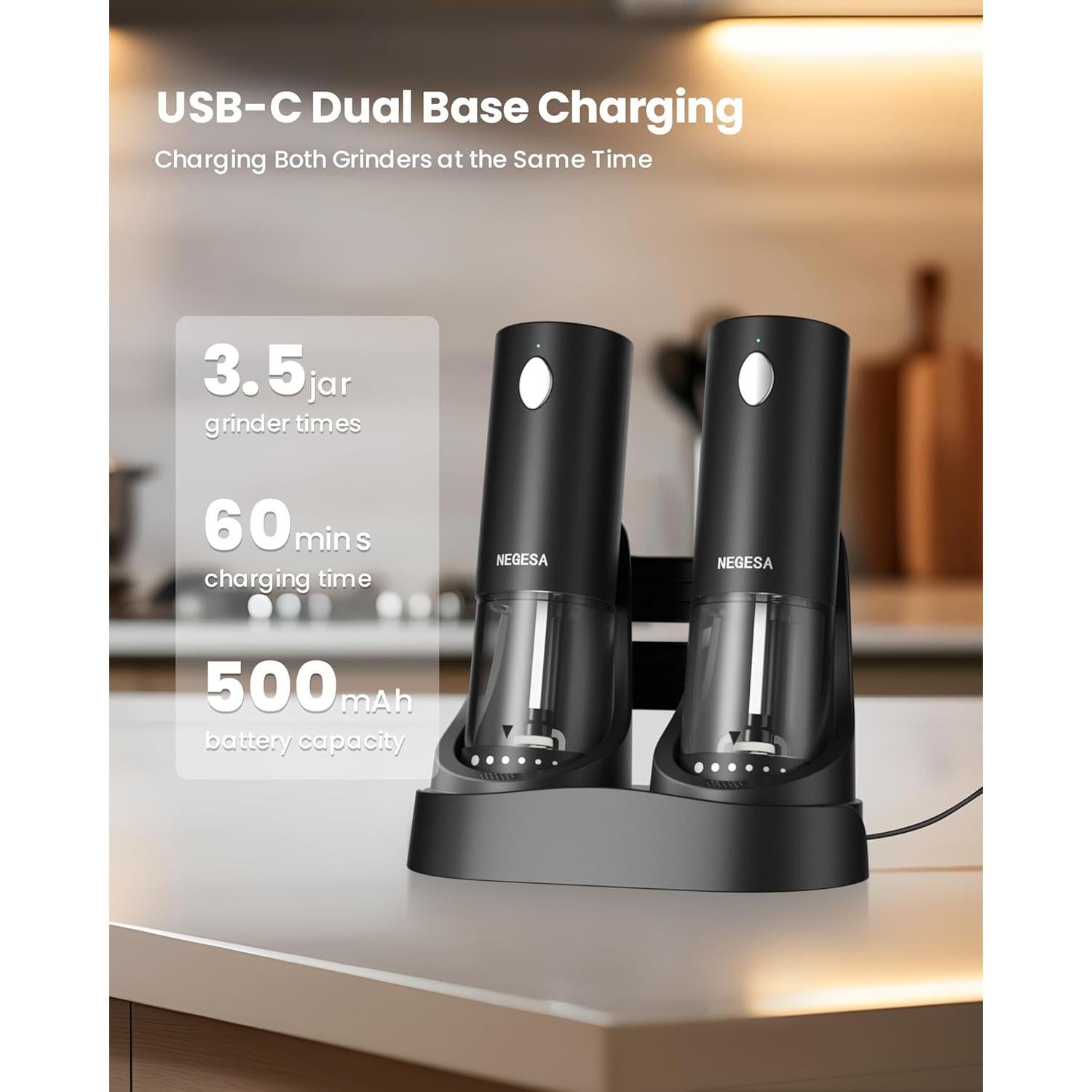 Juego de Molinillos Eléctricos de Sal y Pimienta NEGESA Negro