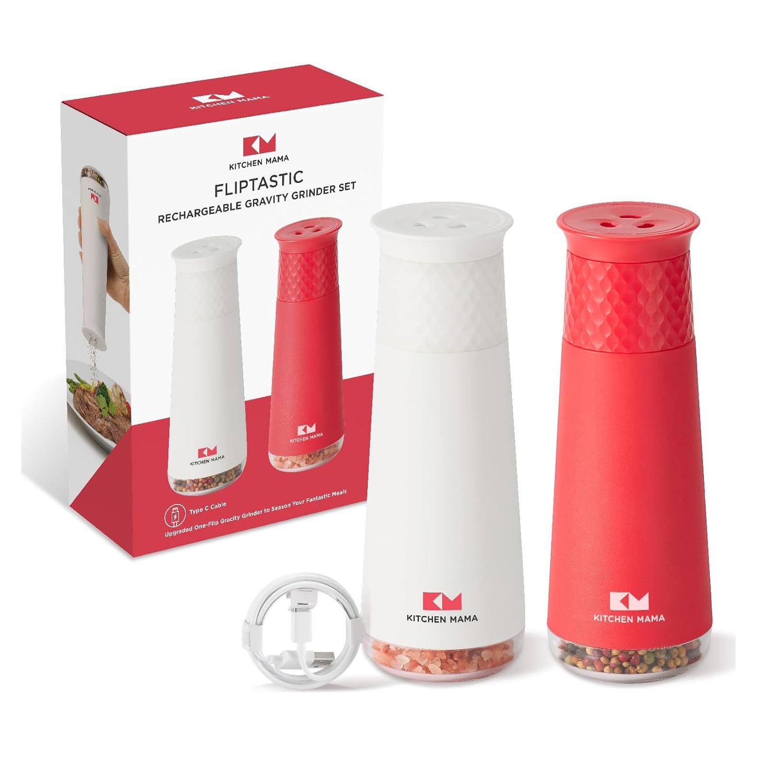 Juego de Molinillos de Sal y Pimienta Kitchen Mama - Recargables, Ajustables, 360°