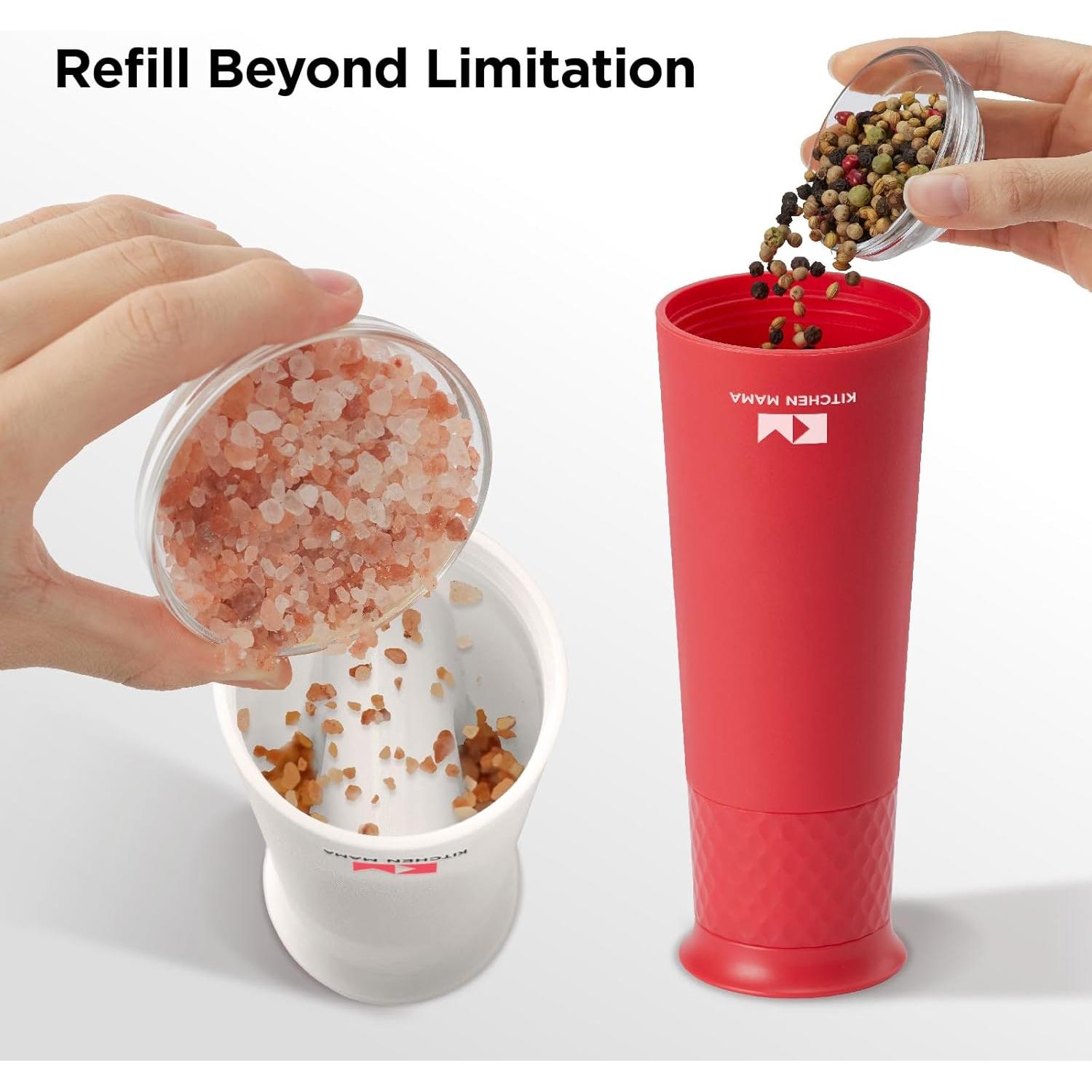 Juego de Molinillos de Sal y Pimienta Kitchen Mama - Recargables, Ajustables, 360°