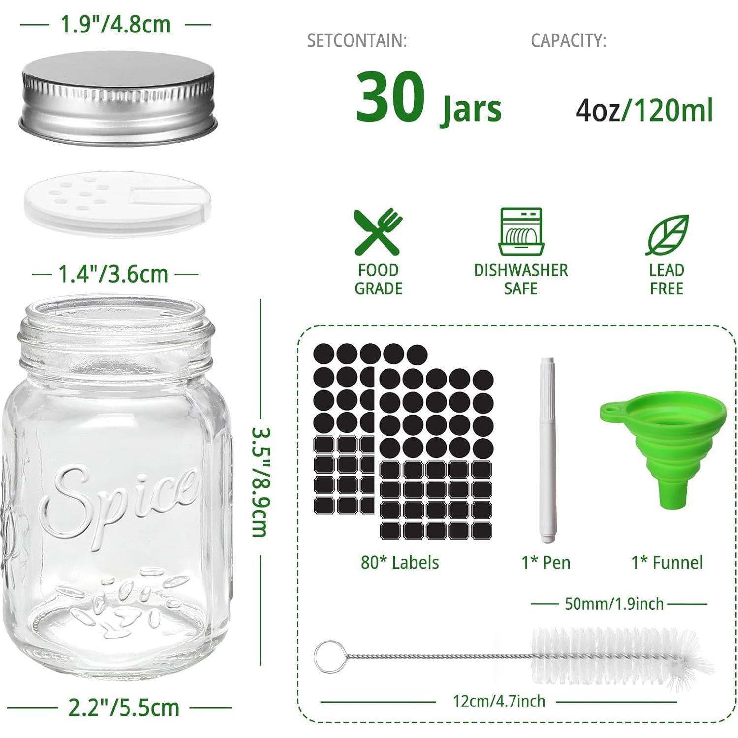 Tarros de Especias de Vidrio CYCLEMORE 30x120ml con Tapas Herméticas