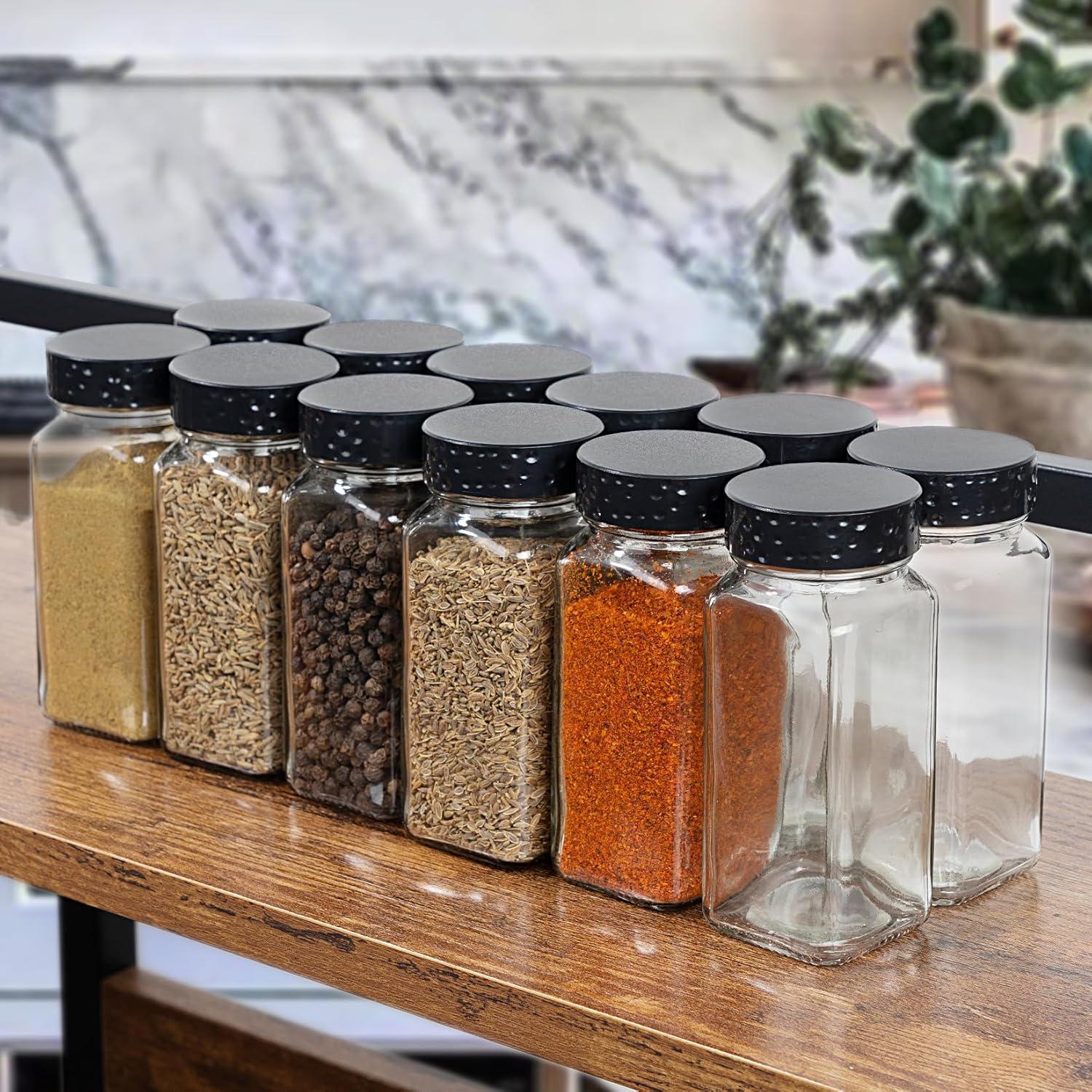 6 Tarros de Especias de Vidrio 118ml con Tapas Negras Herméticas