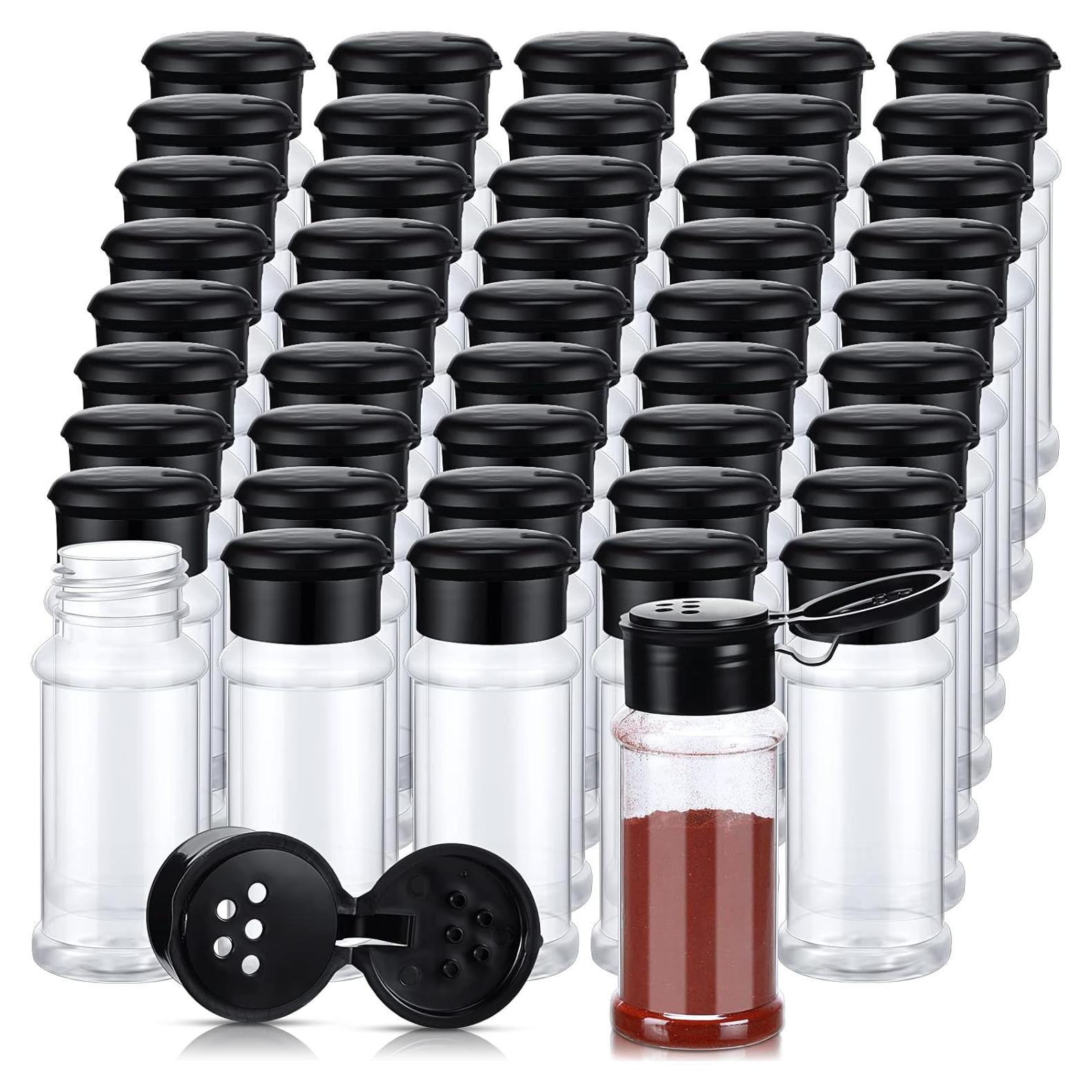 50 Tarros de Especias Plástico 100ml Mimorou con Tapa Negra