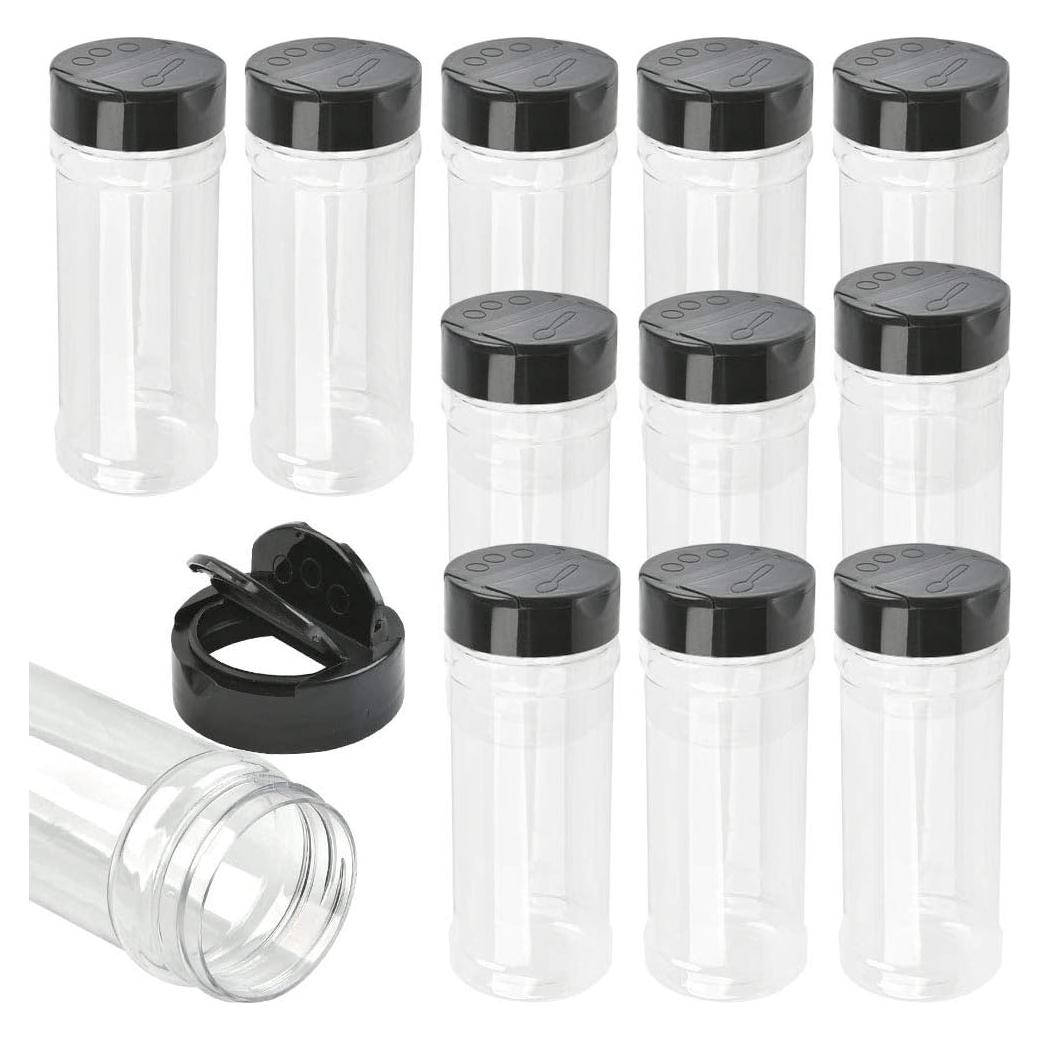 Set de 12 Contenedores de Especias Plástico 255ml con Tapa Negra