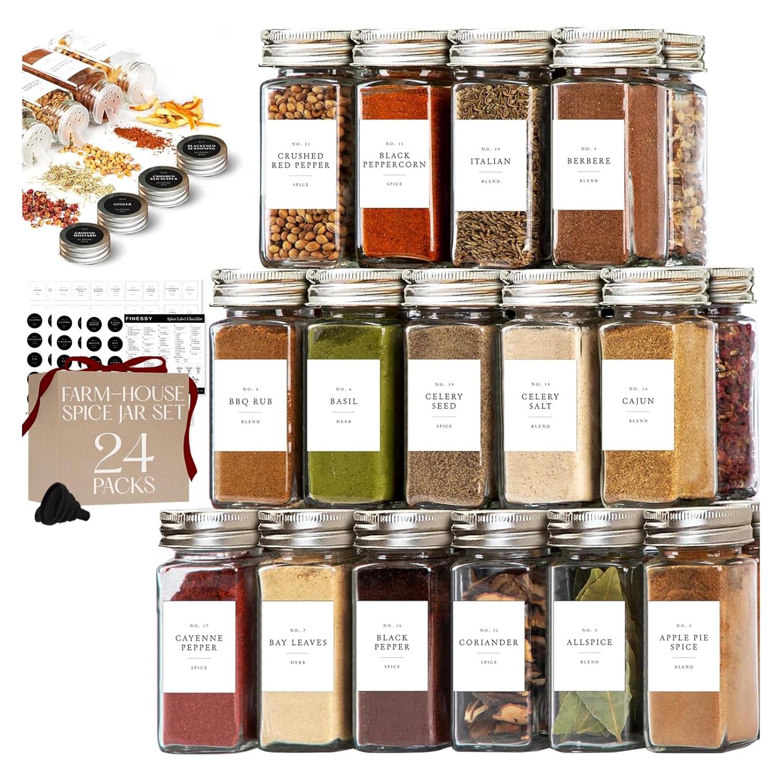FINESSY Set de 24 Tarros de Especias de Vidrio 473ml con Etiquetas