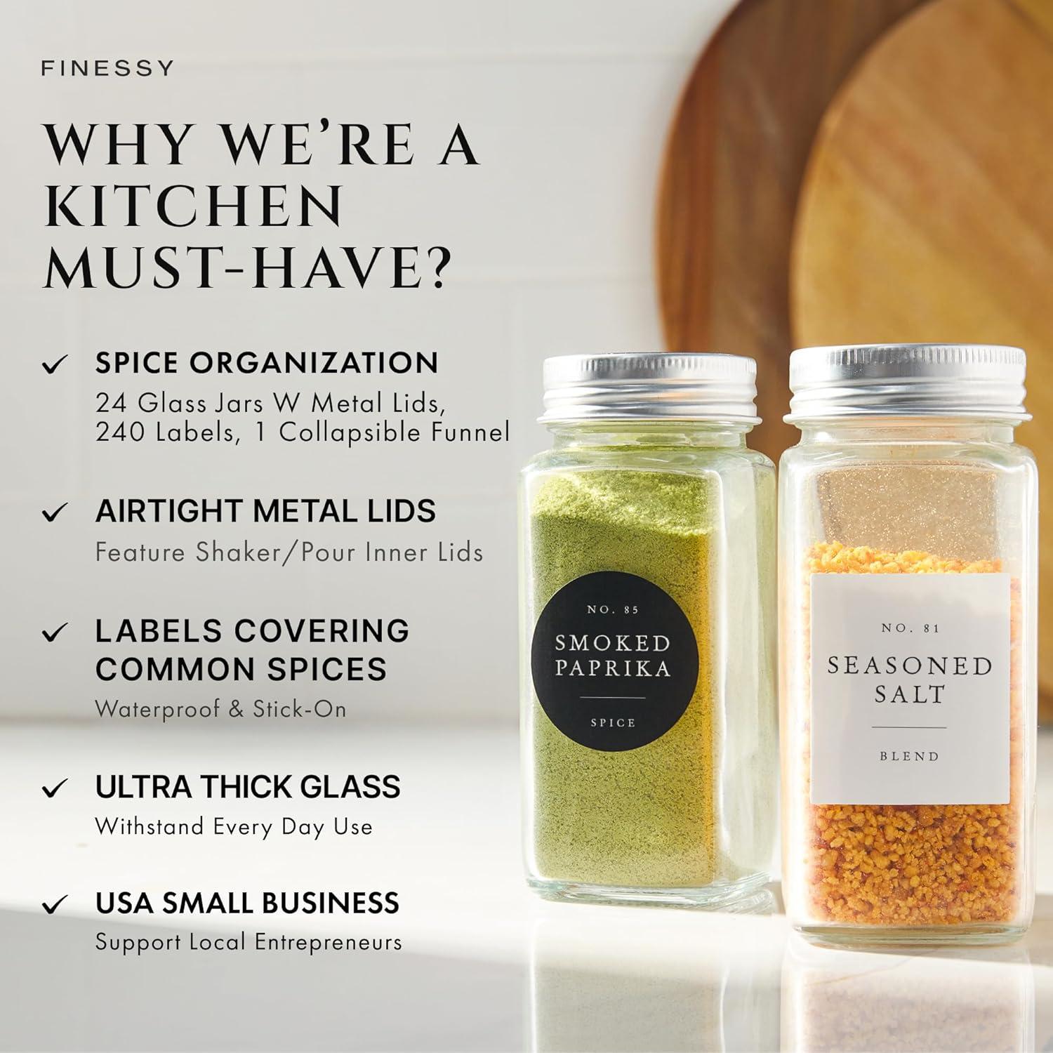 FINESSY Set de 24 Tarros de Especias de Vidrio 473ml con Etiquetas
