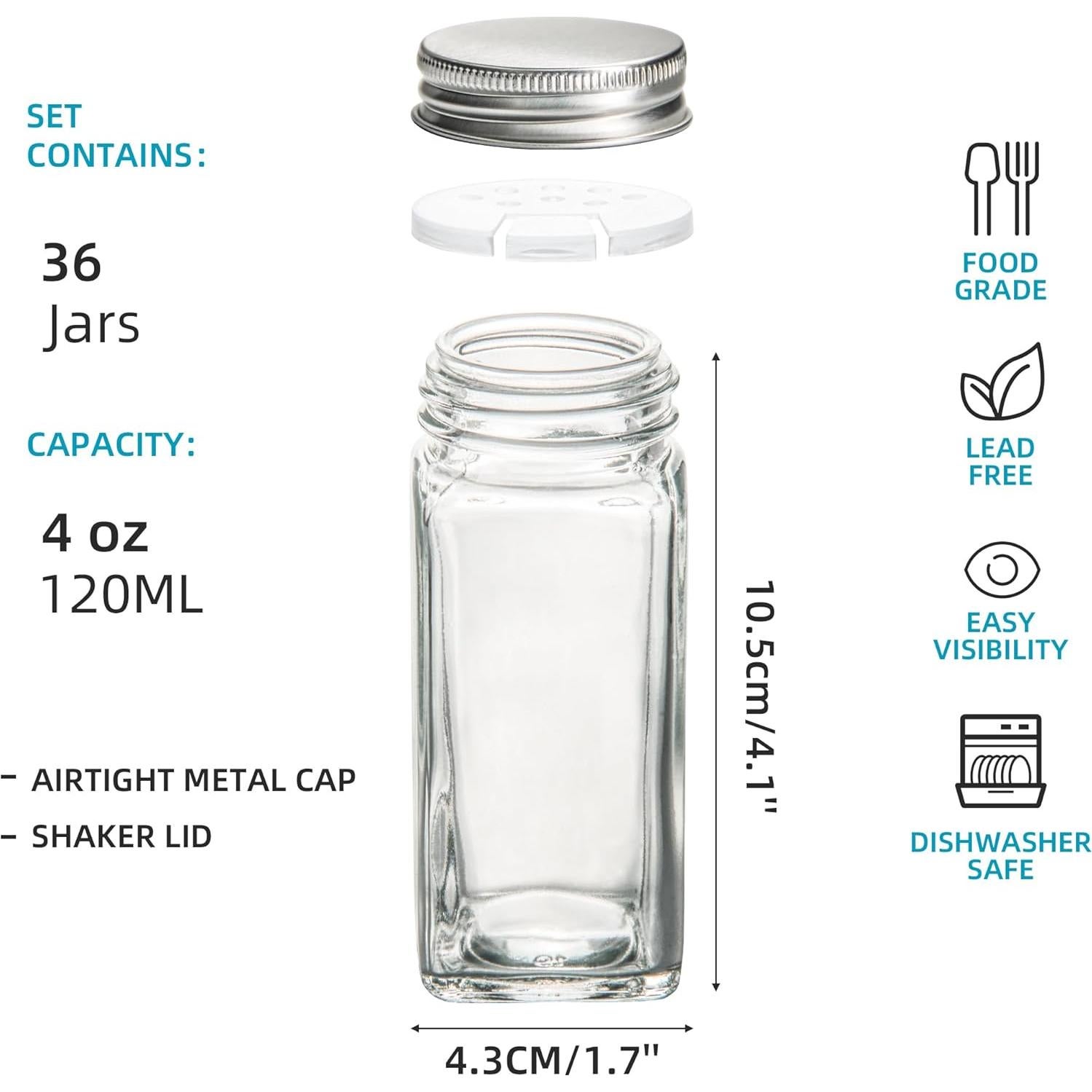 Tarros de Especias de Vidrio UMEIED 36pcs 118ml Cuadrados