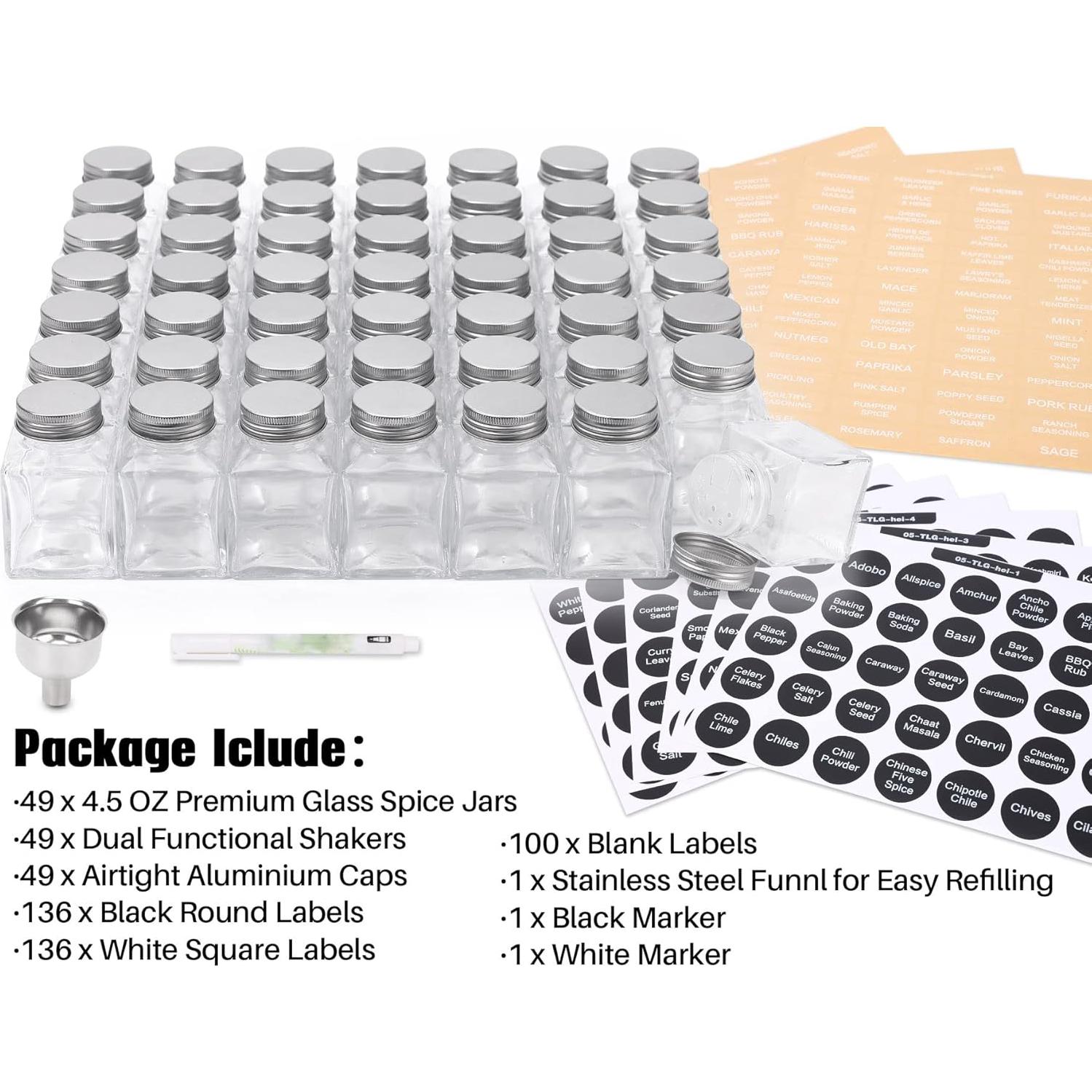 Set de 49 Tarros de Especias de Vidrio MIUKAA 127 ml con Etiquetas