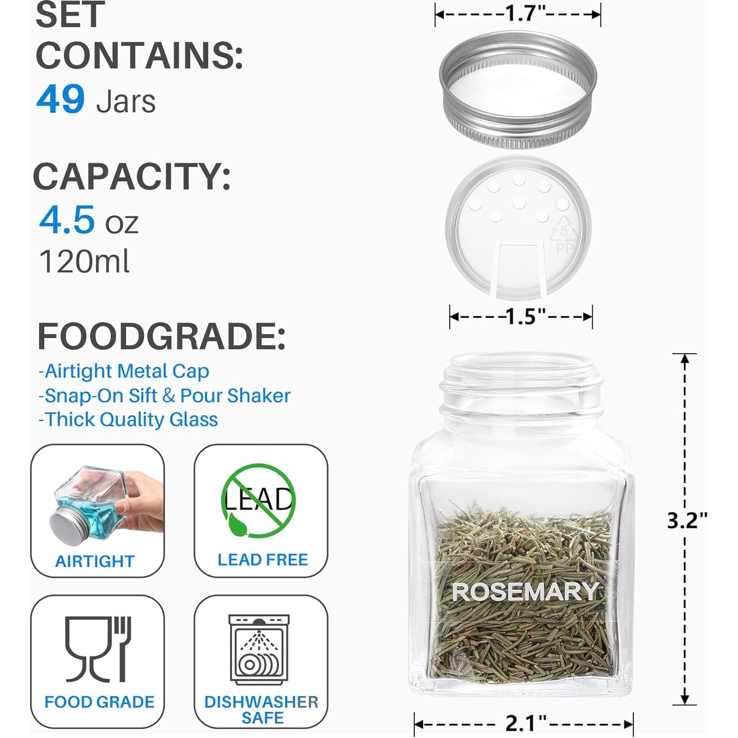 Set de 49 Tarros de Especias de Vidrio MIUKAA 127 ml con Etiquetas