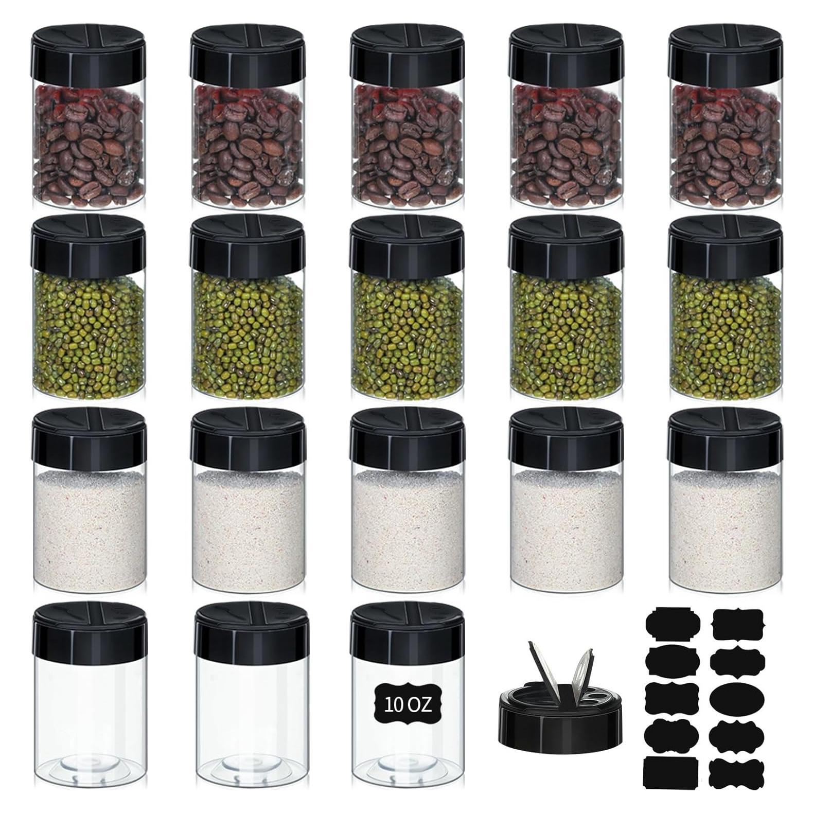 18 Tarros de Especias Plástico 300ml Uiifan con Tapas Negras