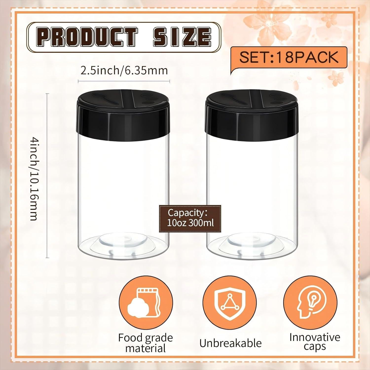 18 Tarros de Especias Plástico 300ml Uiifan con Tapas Negras