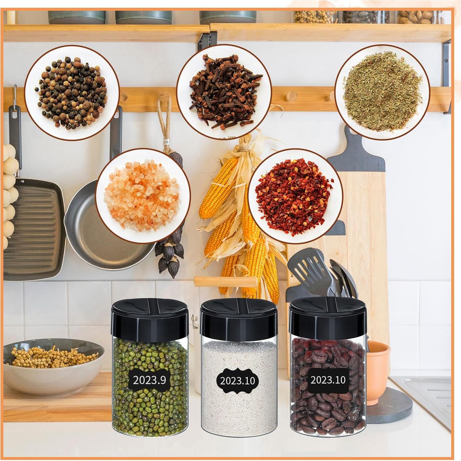 18 Tarros de Especias Plástico 300ml Uiifan con Tapas Negras