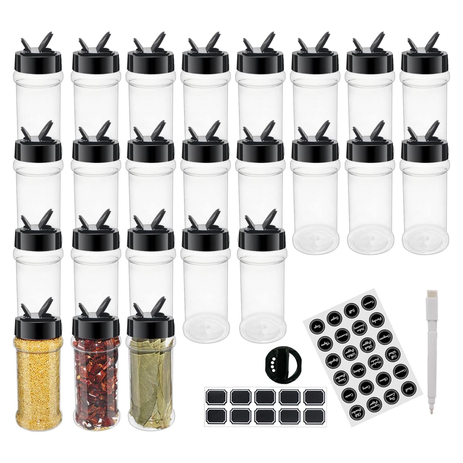 Paquete de 24 Tarros de Especias Plástico 100 ml con Tapas Negras
