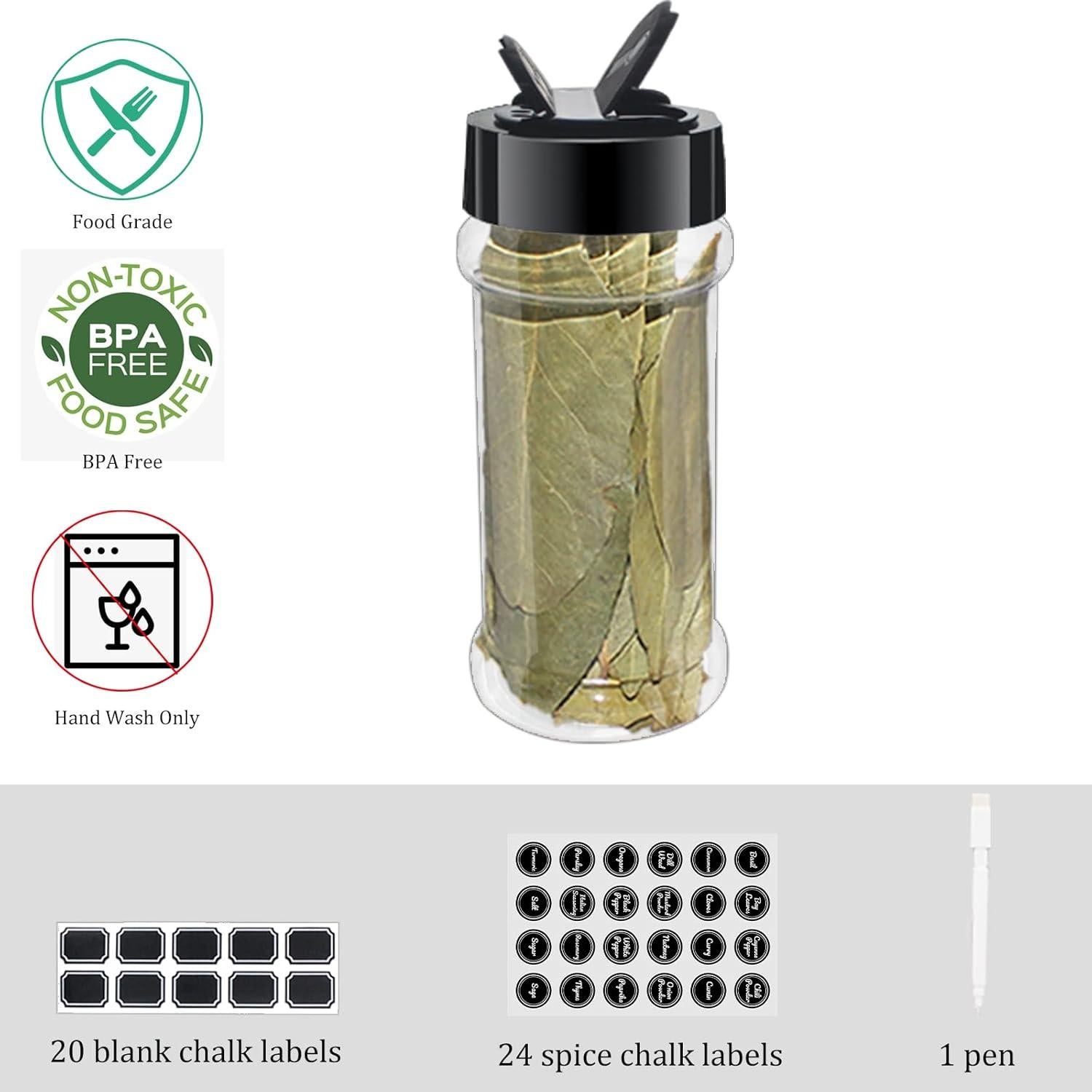 Paquete de 24 Tarros de Especias Plástico 100 ml con Tapas Negras