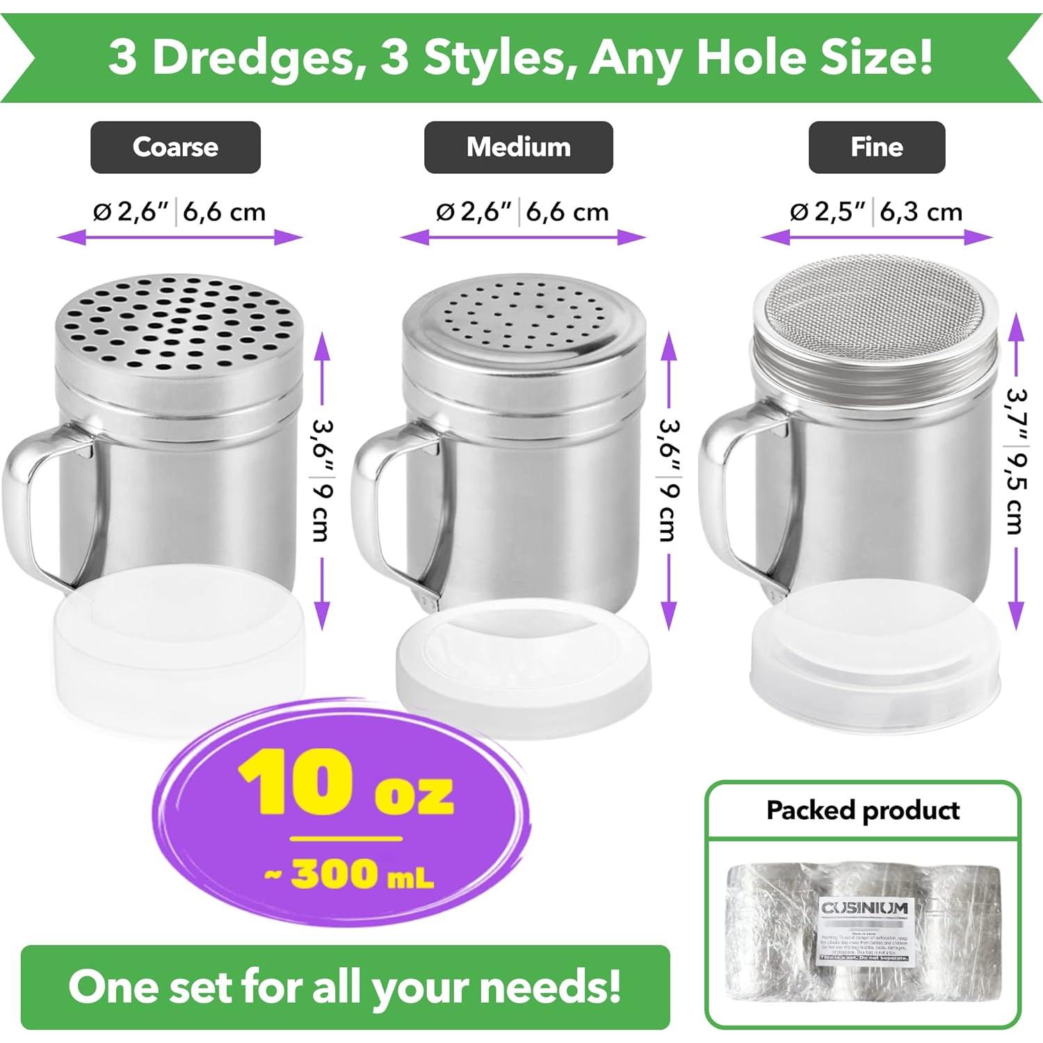 Juego de 3 Dredges CUSINIUM 10oz Acero Inoxidable con Mango