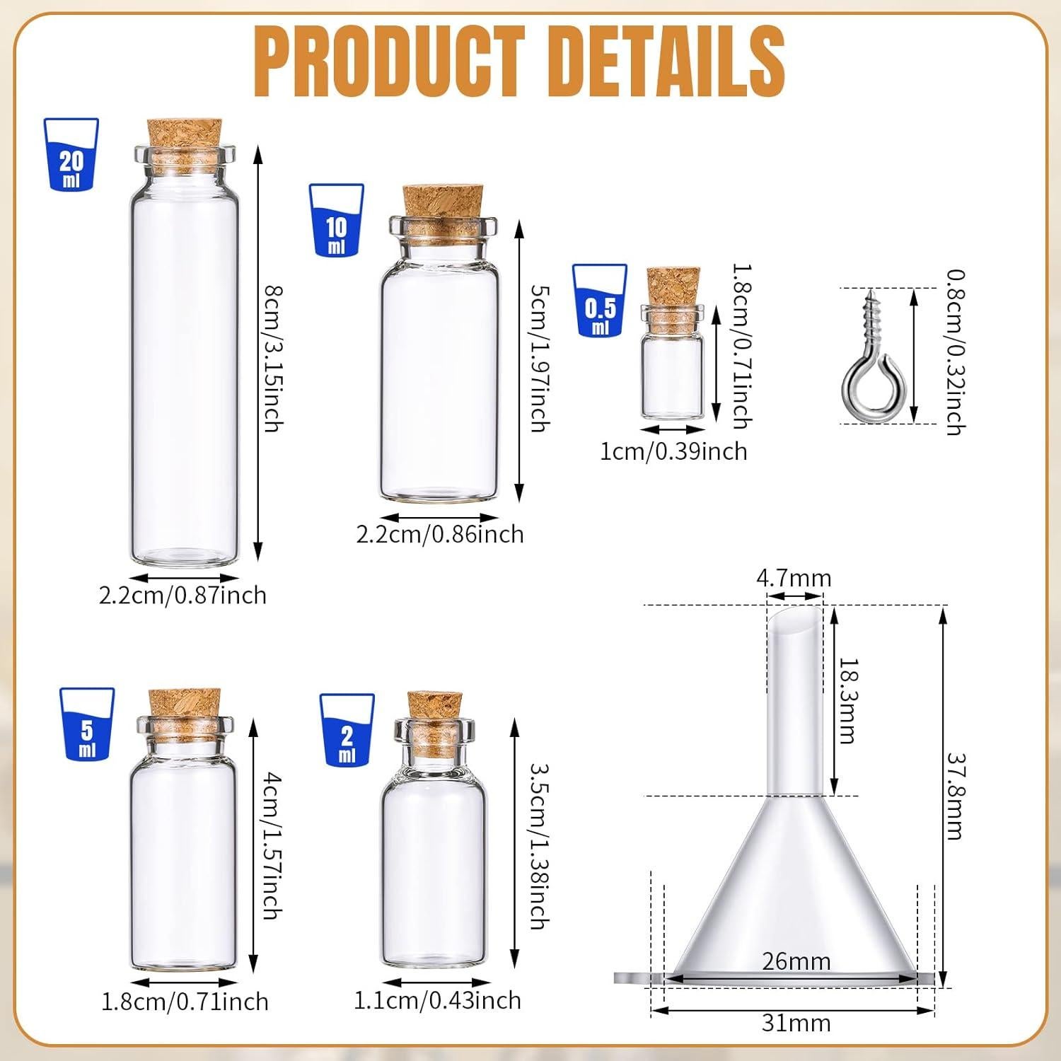 45 Botellas de Vidrio Mini Sherli con Tapones de Corcho 0.5-20ml