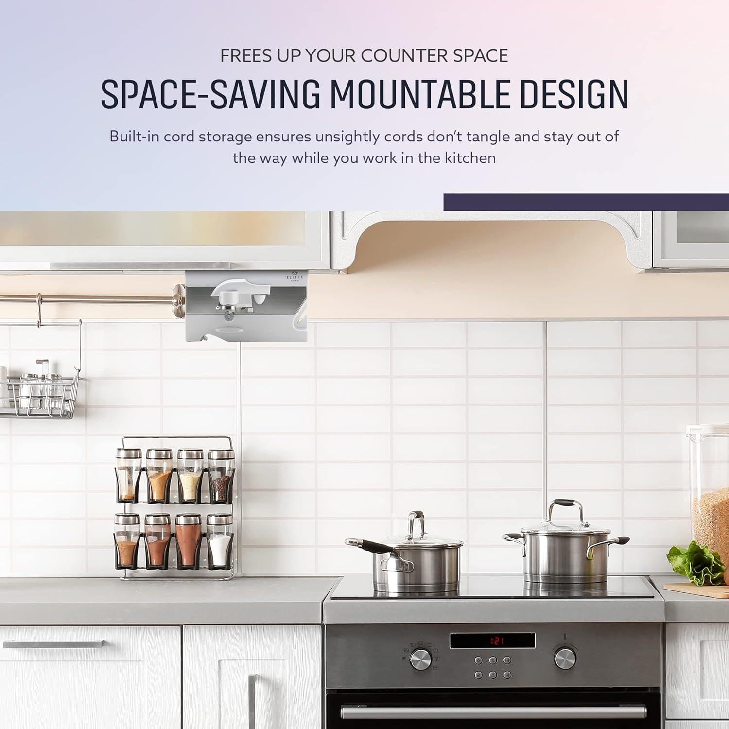 Abrelatas eléctrico 3 en 1 ELITRA HOME bajo gabinete blanco