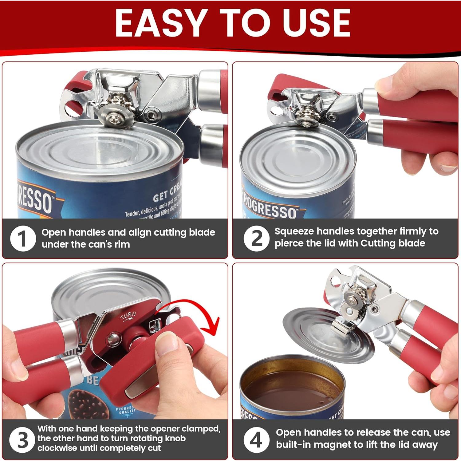 Abrelatas Manual Vayvnt Acero Inoxidable Rojo 4 en 1