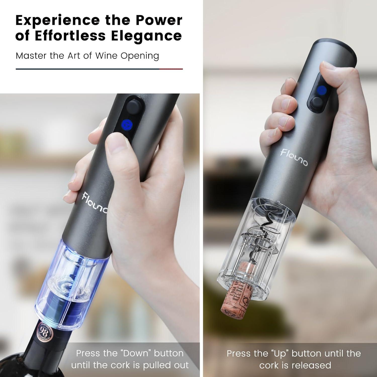 Abridor de Vino Eléctrico Flauno 6 en 1 Recargable Negro