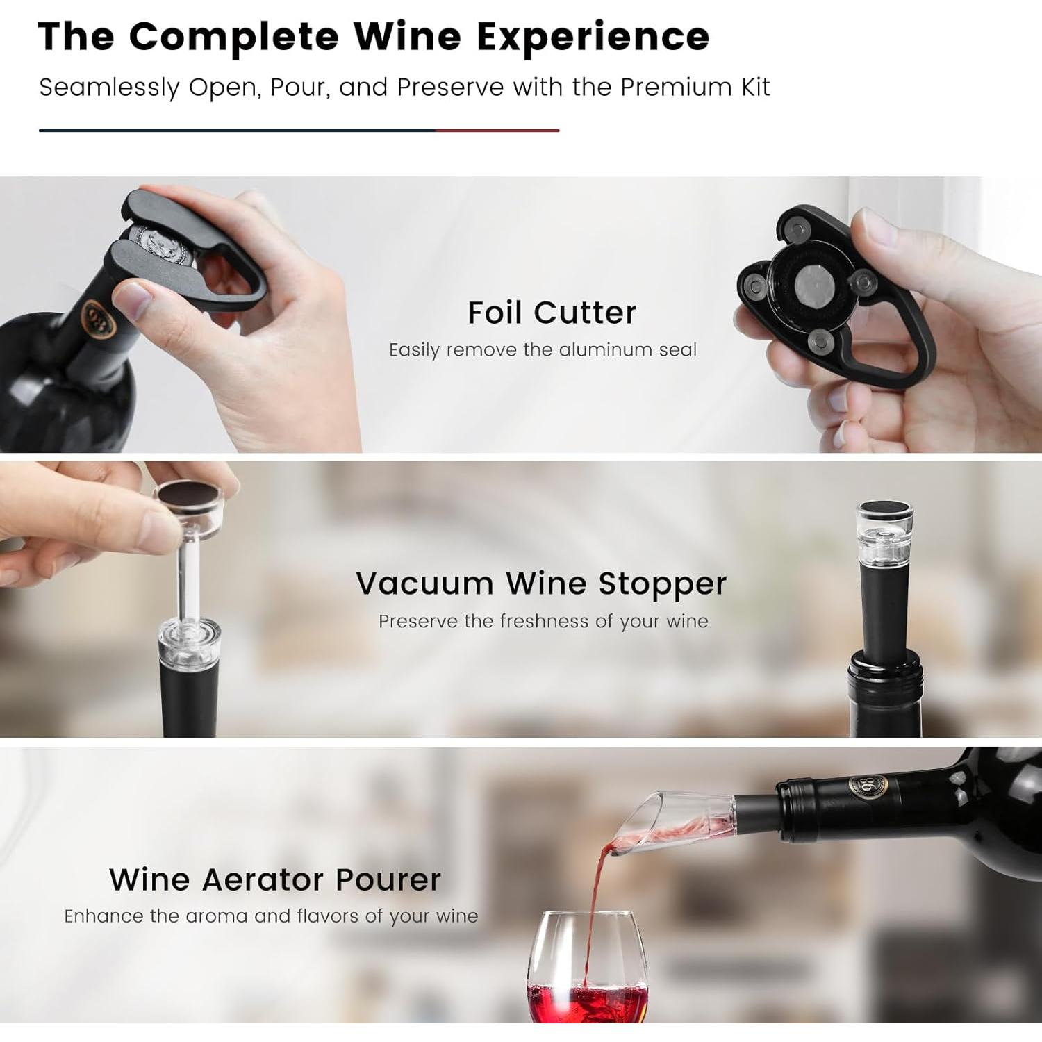 Abridor de Vino Eléctrico Flauno 6 en 1 Recargable Negro