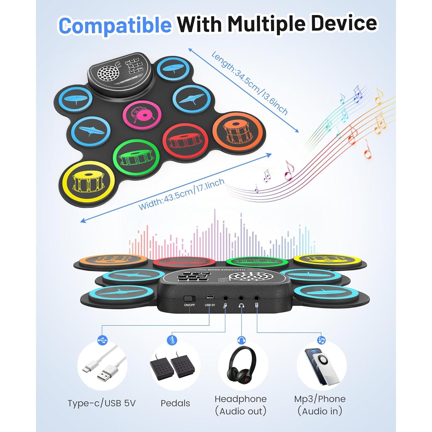 Batería Electrónica Sboet 9 Pads Portátil con Altavoz