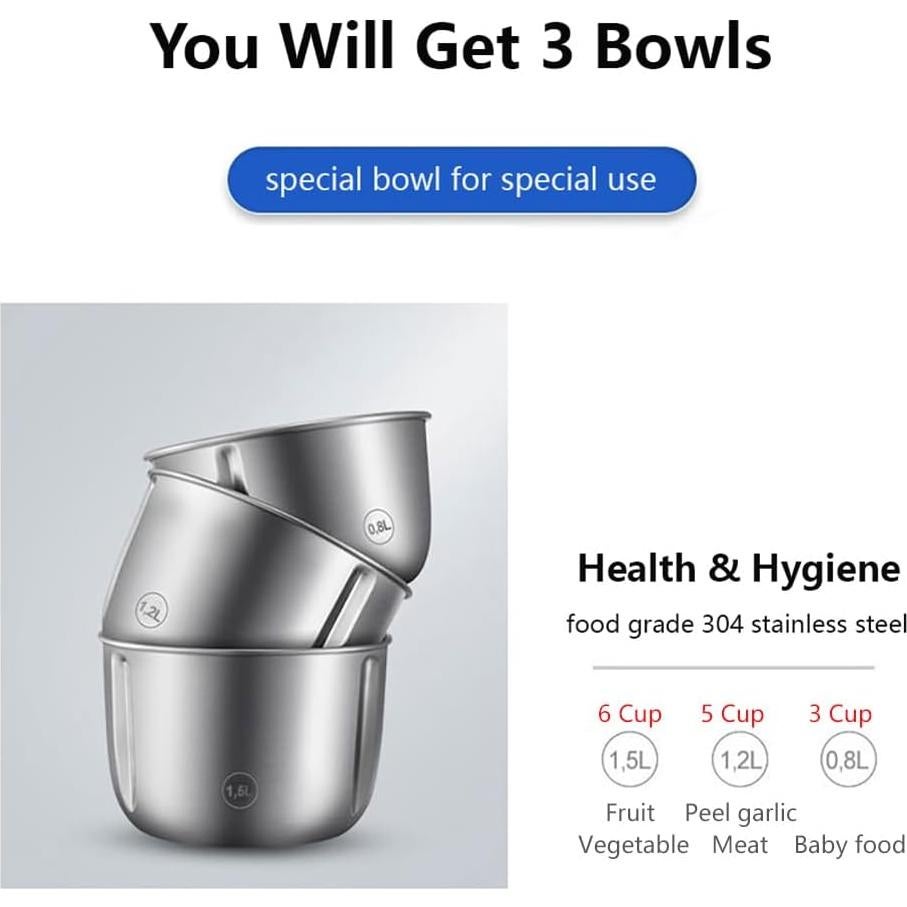 Procesador de Alimentos Joydeem JD-376B 300W 3 Tazones Acero Inoxidable