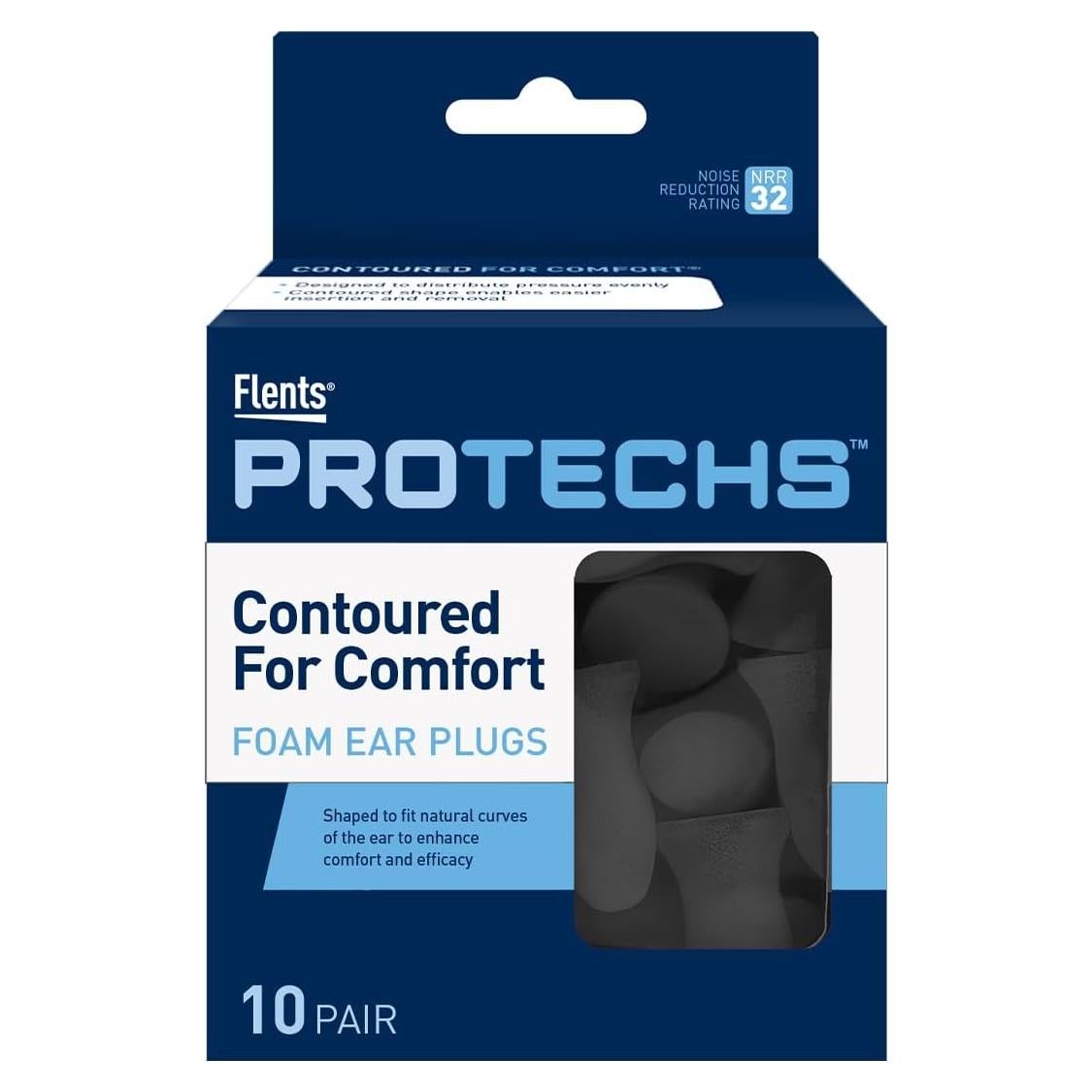 Tapones para oídos Flents Protechs negros, 10 pares, NRR 32