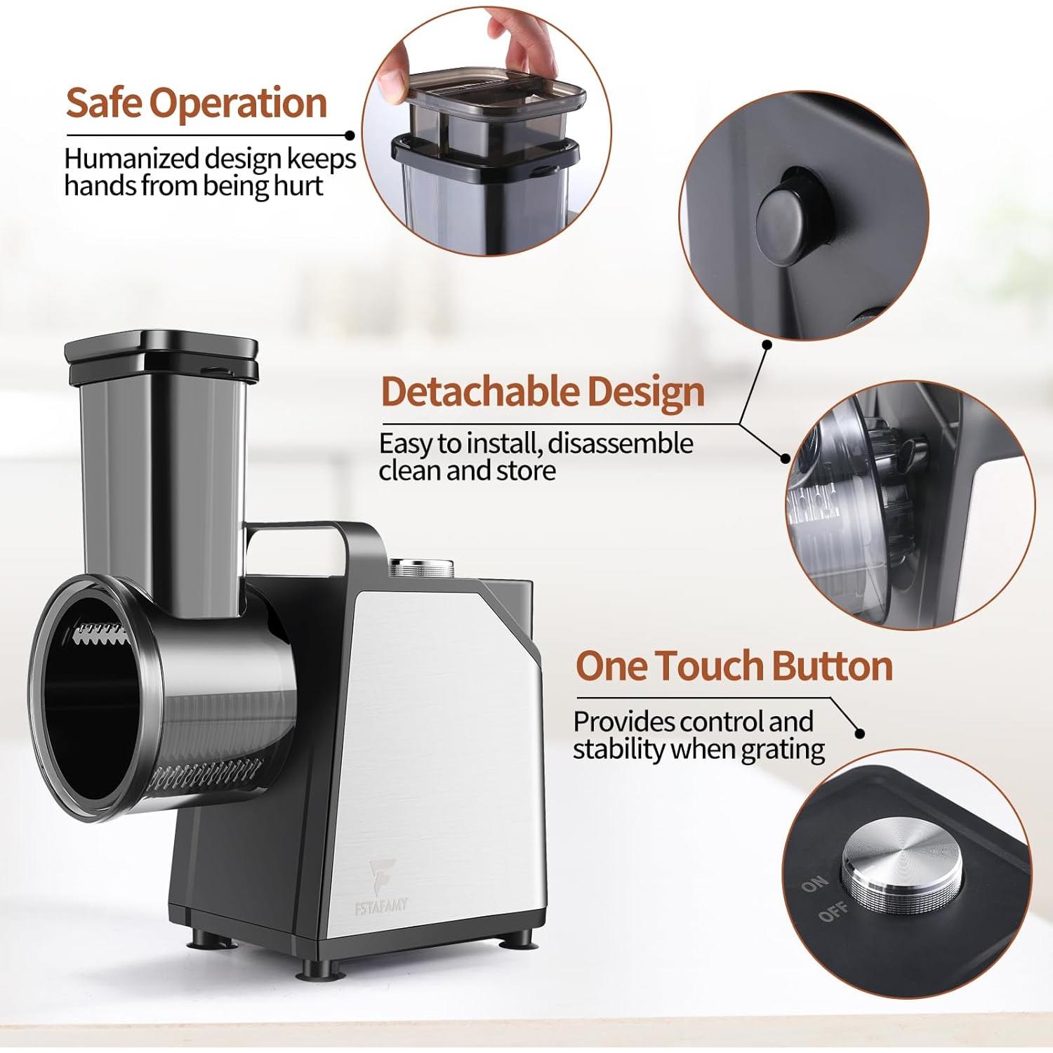 Rallador de Queso Eléctrico FSTAFAMY 250W 5 en 1 Multifuncional