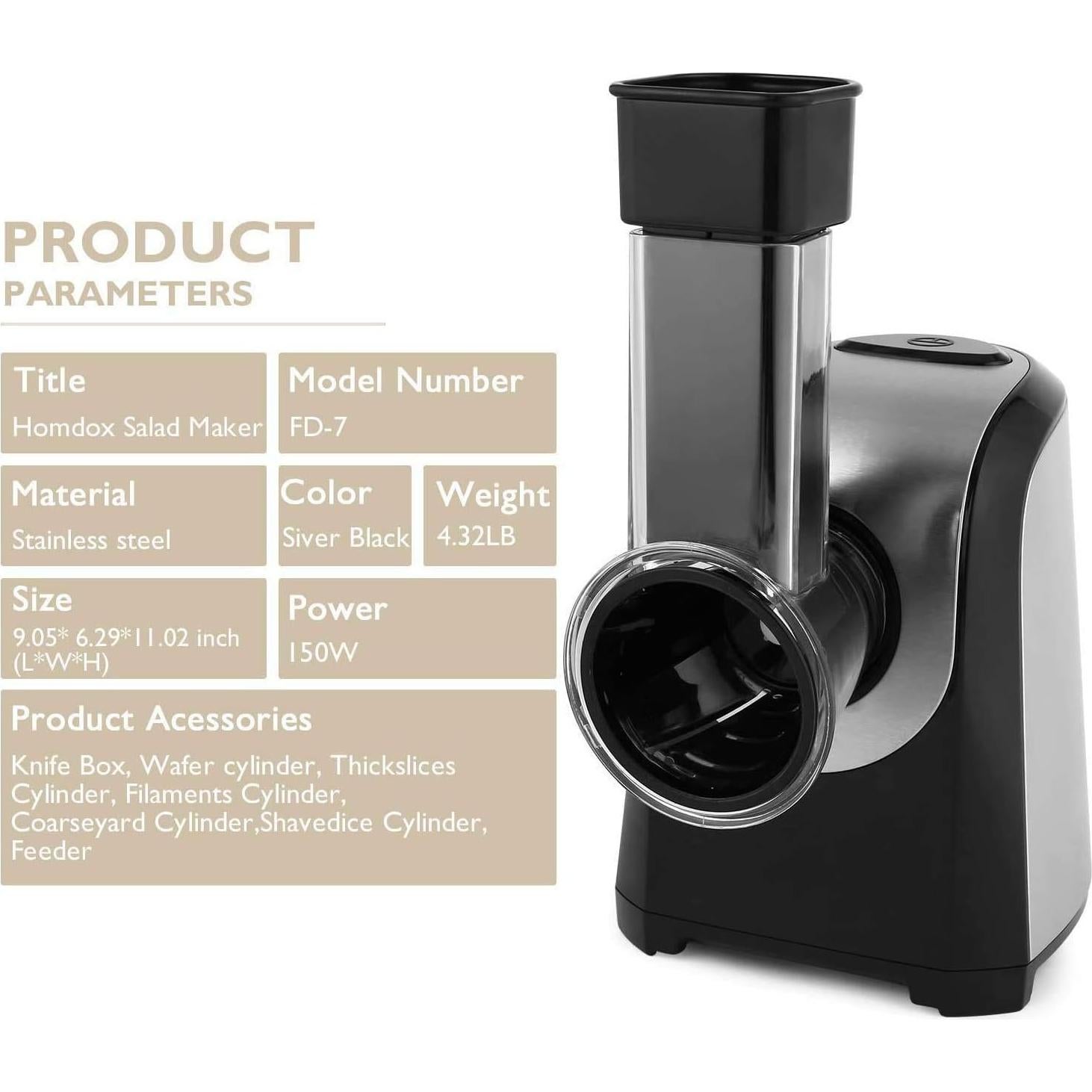 Rallador Eléctrico Profesional Homdox 150W 5 en 1 para Verduras