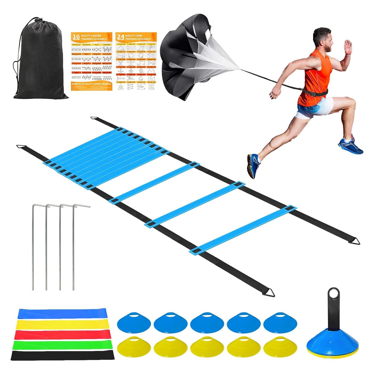 Kit de Entrenamiento de Velocidad Panykoo FB-001 Azul - Escalera 6.1m, Conos, Paracaídas y Bandas