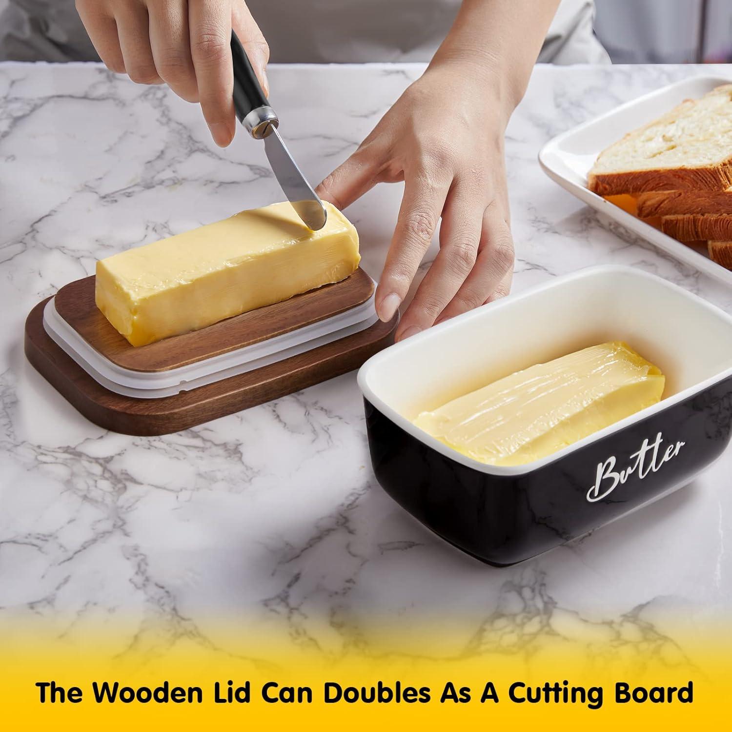 Plato de Mantequilla Cerámico ALELION Negro con Tapa de Acacia