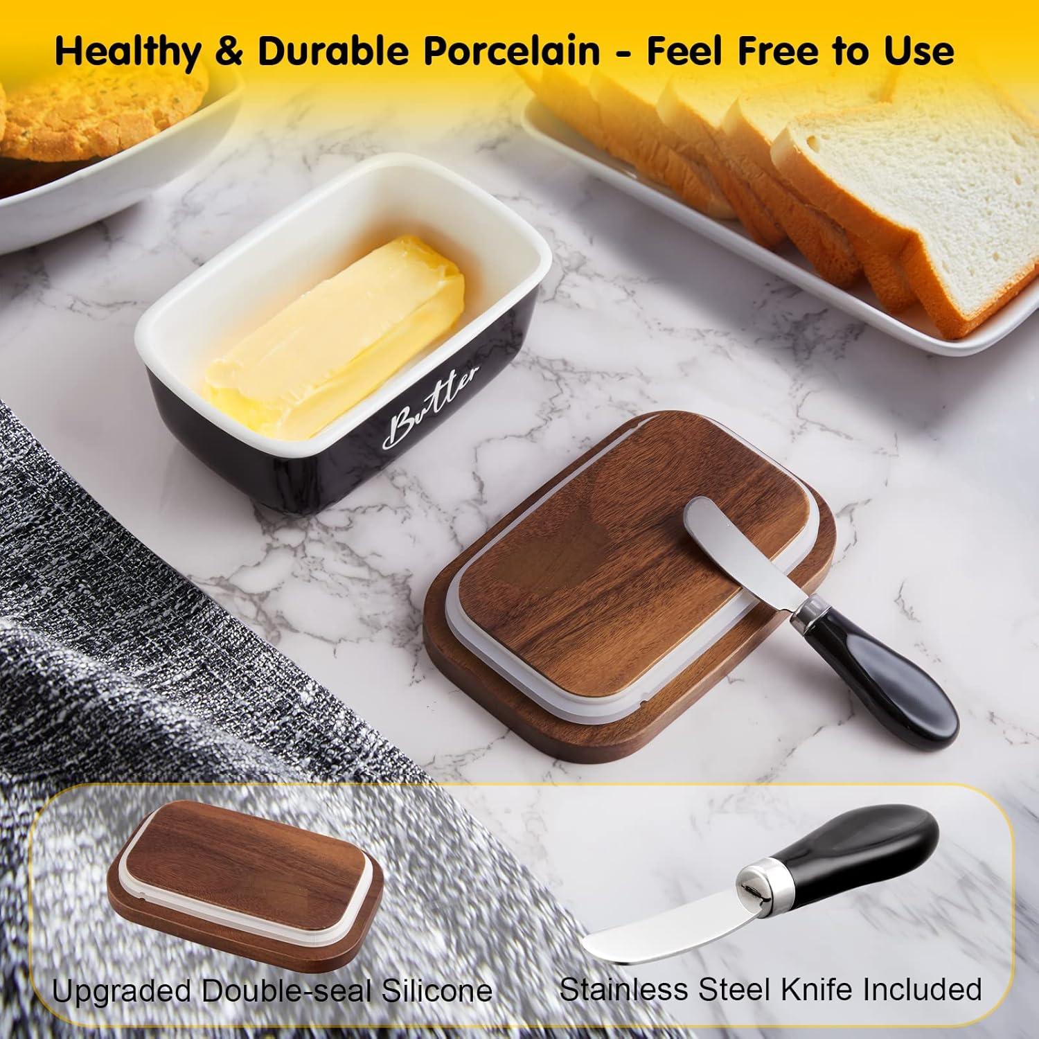 Plato de Mantequilla Cerámico ALELION Negro con Tapa de Acacia