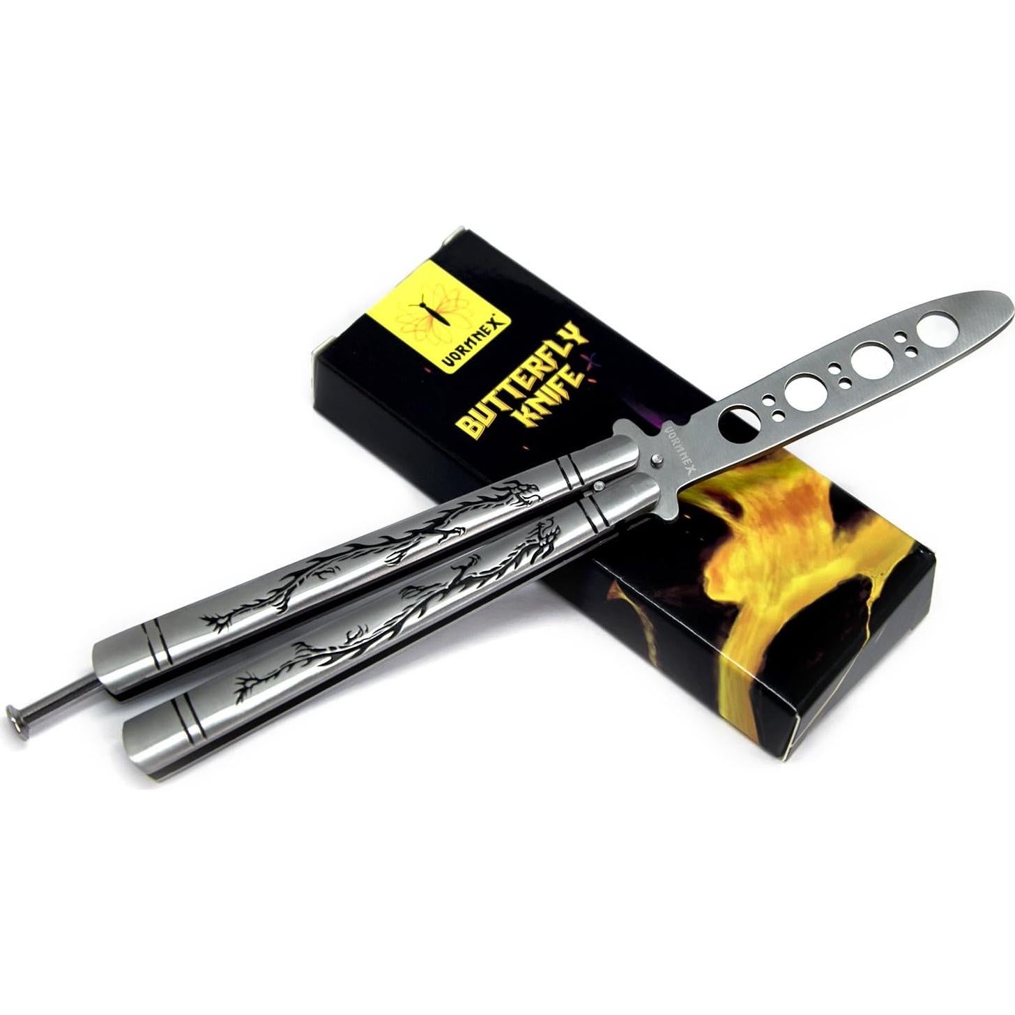 Entrenador de cuchillo mariposa VORNNEX plata 23.2 cm acero inoxidable