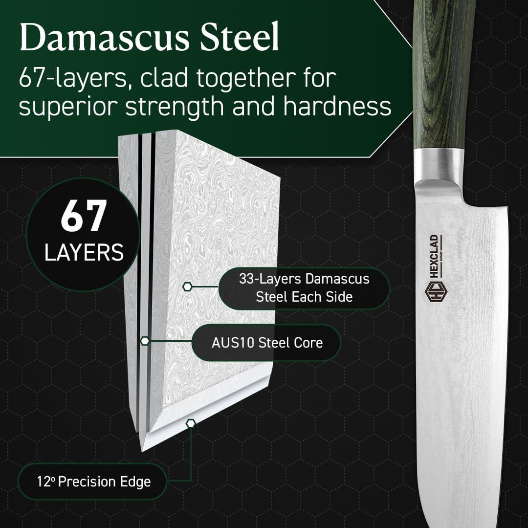 Cuchillo Santoku HexClad 17.78 cm Damasco Japonés Pakkawood