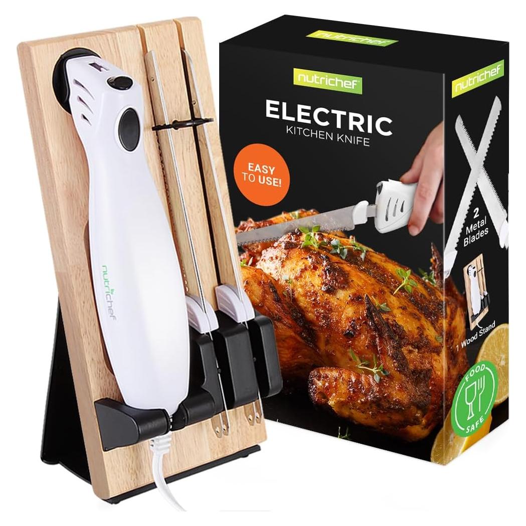 Cuchillo Cortador Eléctrico NutriChef PKELKN16 con Soporte de Madera