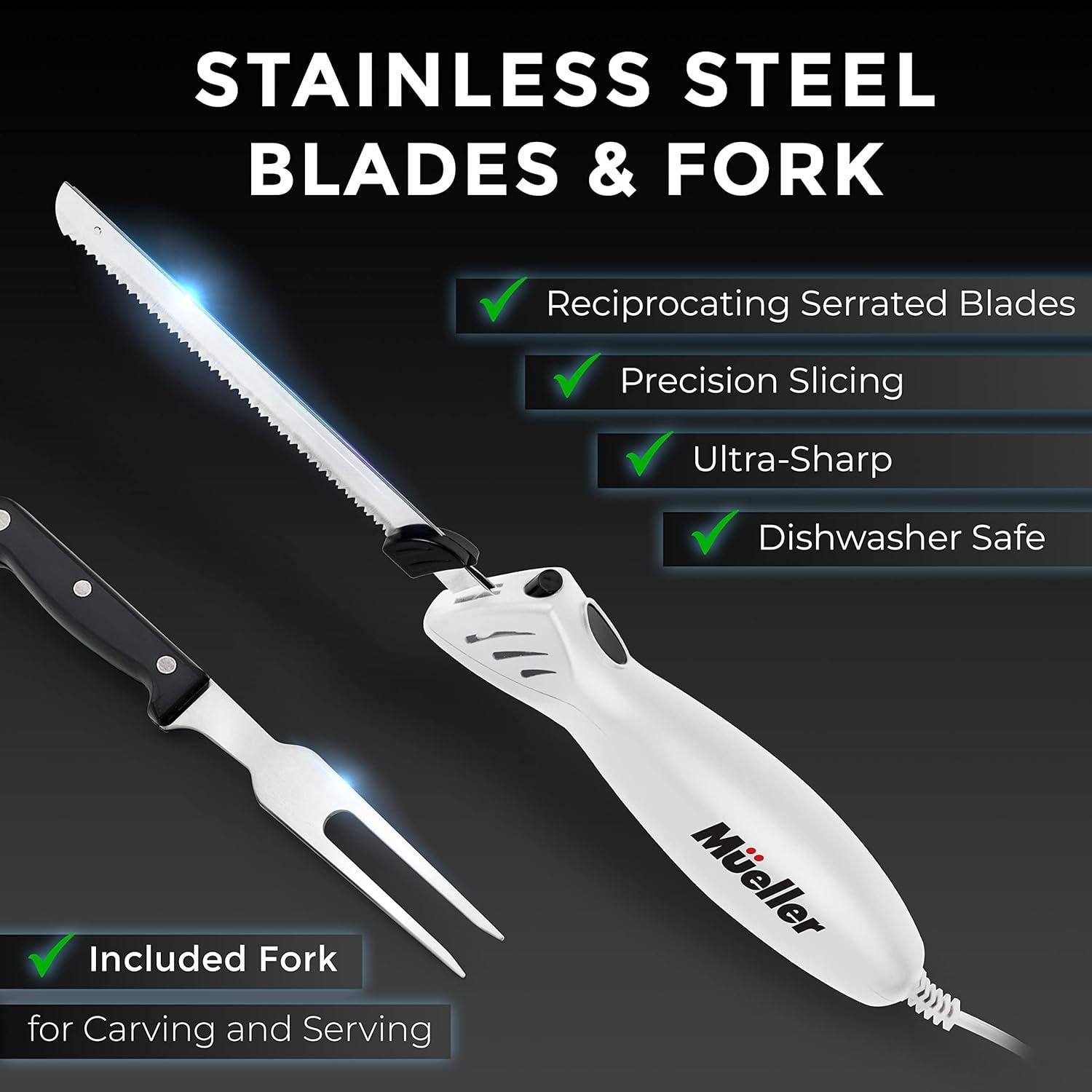 Cuchillo Eléctrico Mueller EK-370WH 100W con Tenedor y Cuchillas