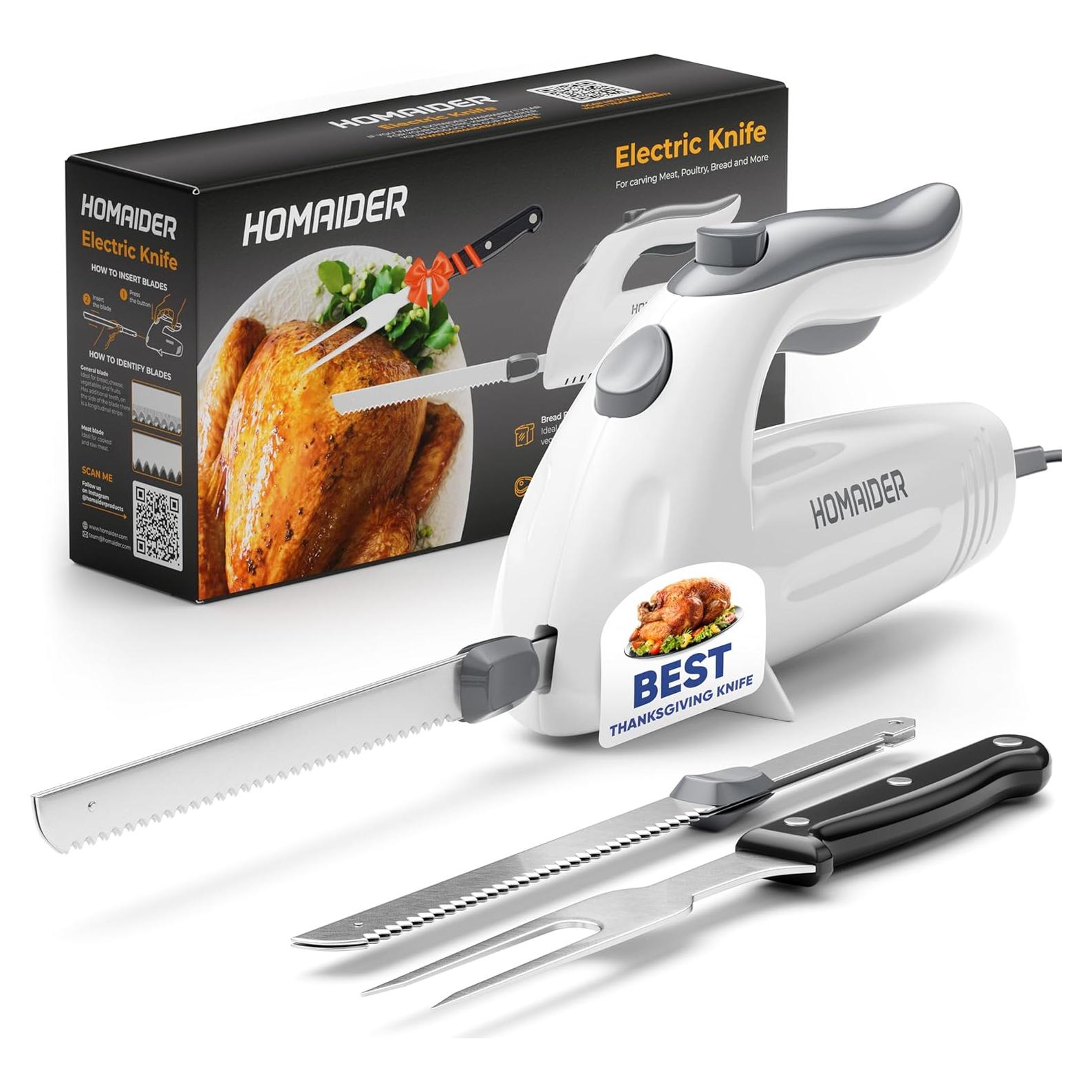 Cuchillo Eléctrico Homaider con Tenedor y Cuchillas de Acero Inoxidable