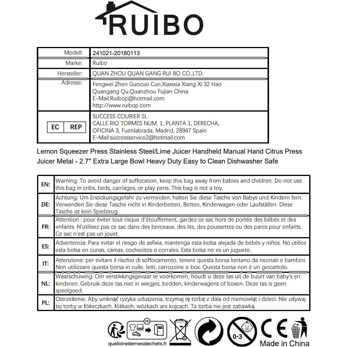 Prensa de Limón Manual Ruibo de Acero Inoxidable 7.30 cm