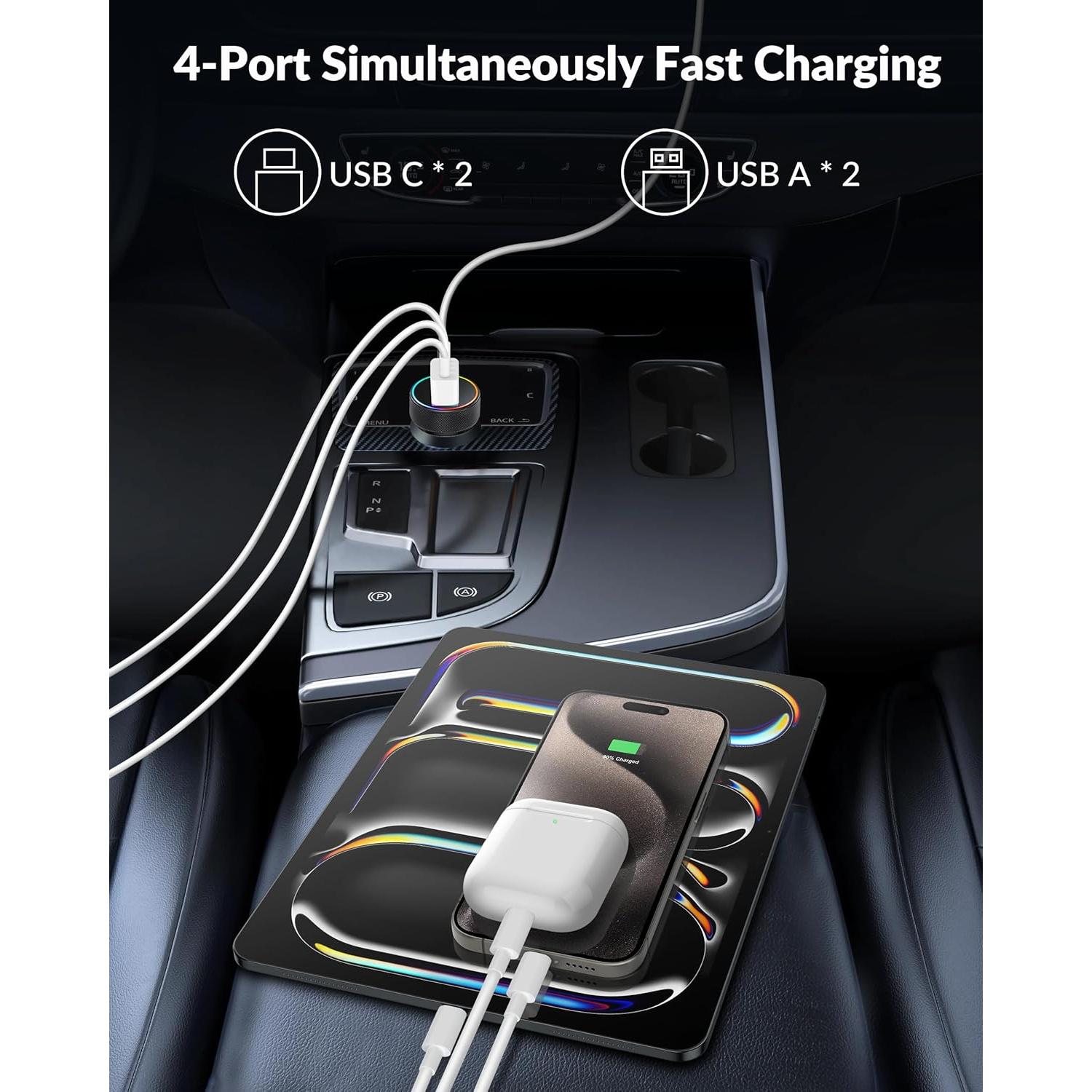 Cargador de Coche USB C 90W 4 Puertos Rápido Heyuan