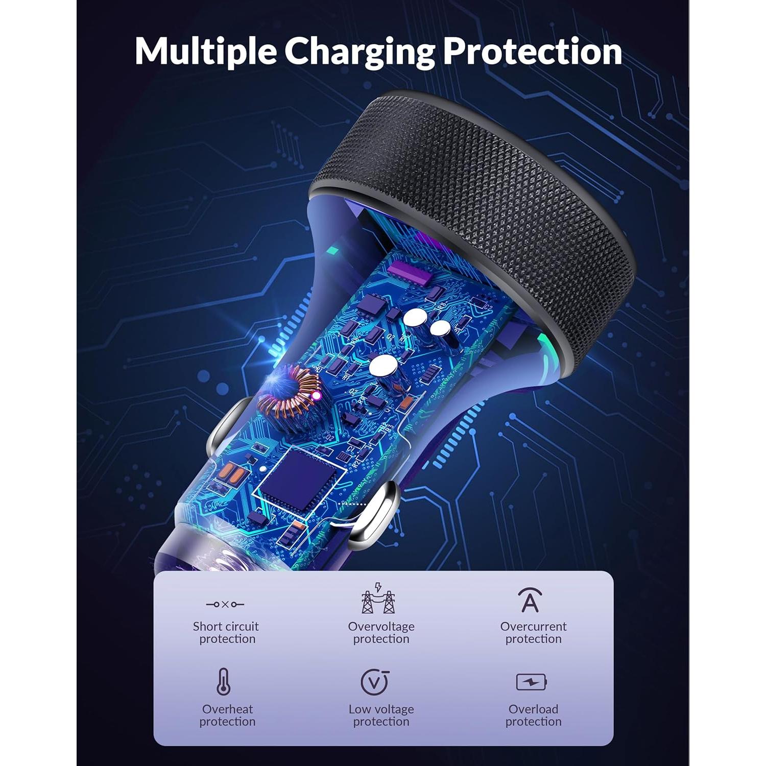 Cargador de Coche USB C 90W 4 Puertos Rápido Heyuan