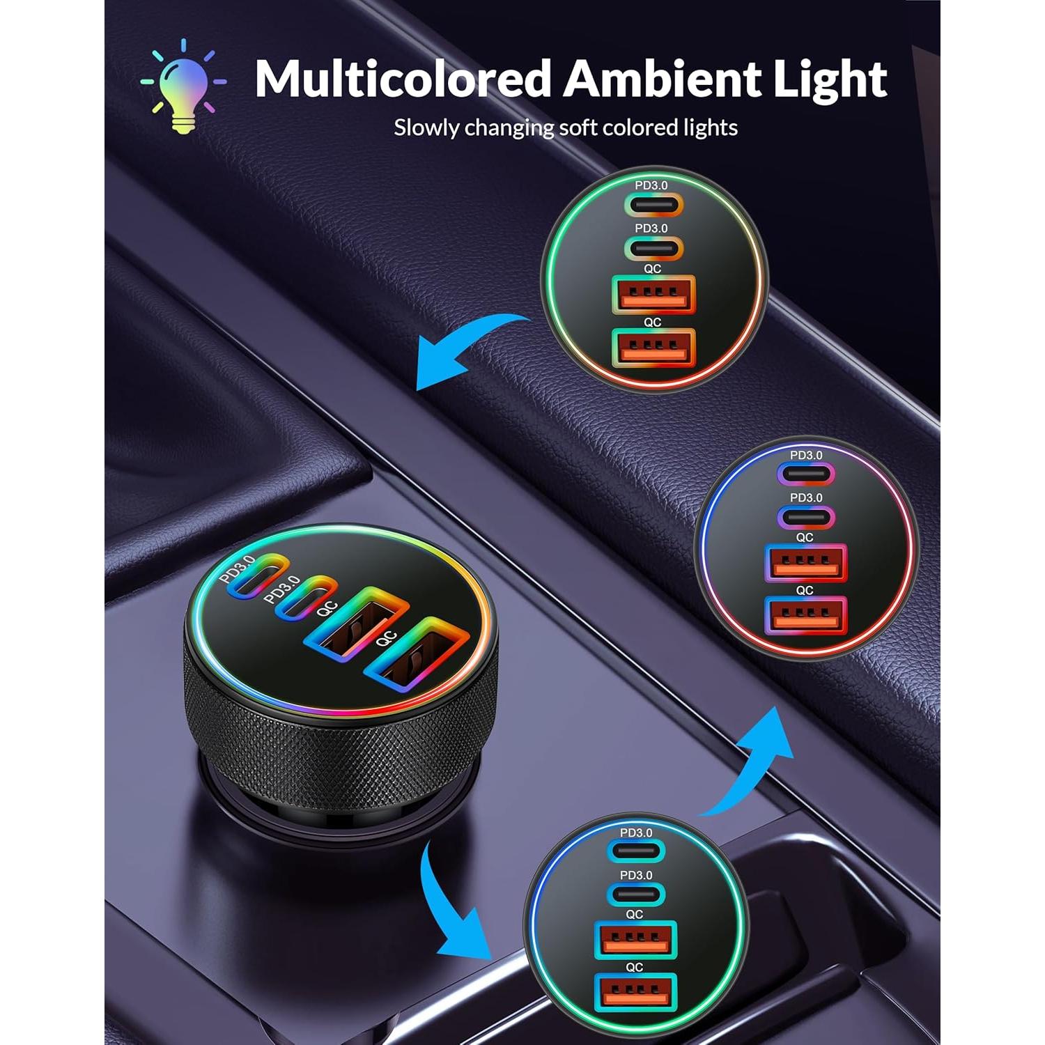 Cargador de Coche USB C 90W 4 Puertos Rápido Heyuan