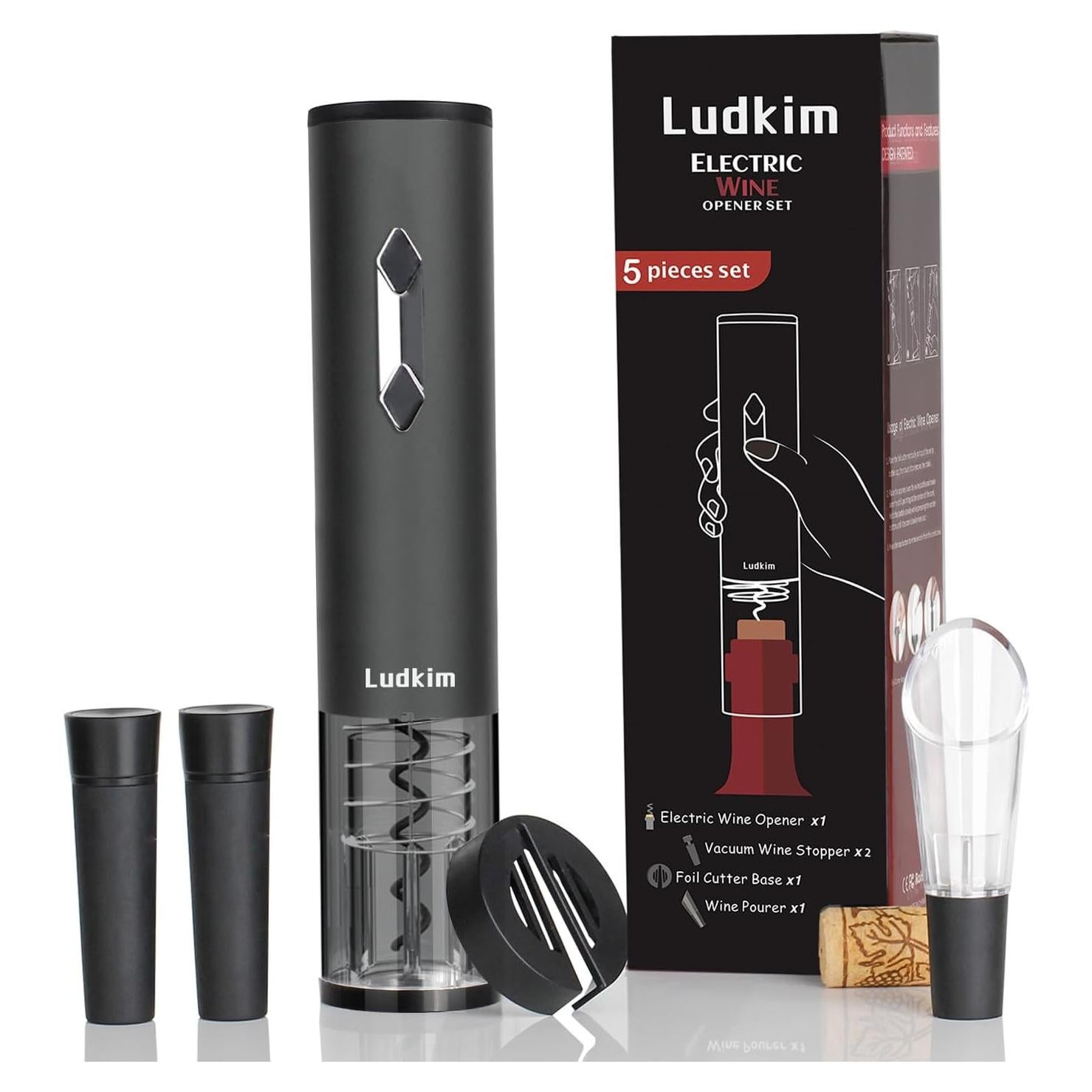 Juego Abridor de Vino Eléctrico Ludkim C011PRO con Aerador y Tapones