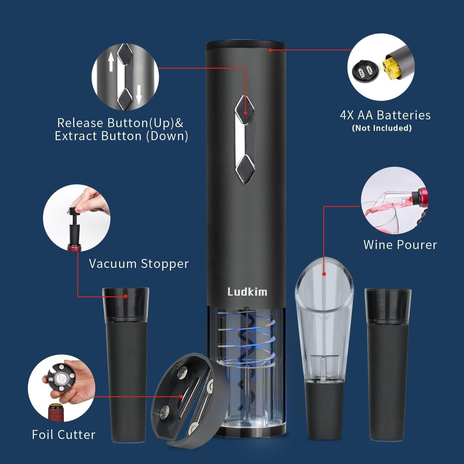 Juego Abridor de Vino Eléctrico Ludkim C011PRO con Aerador y Tapones