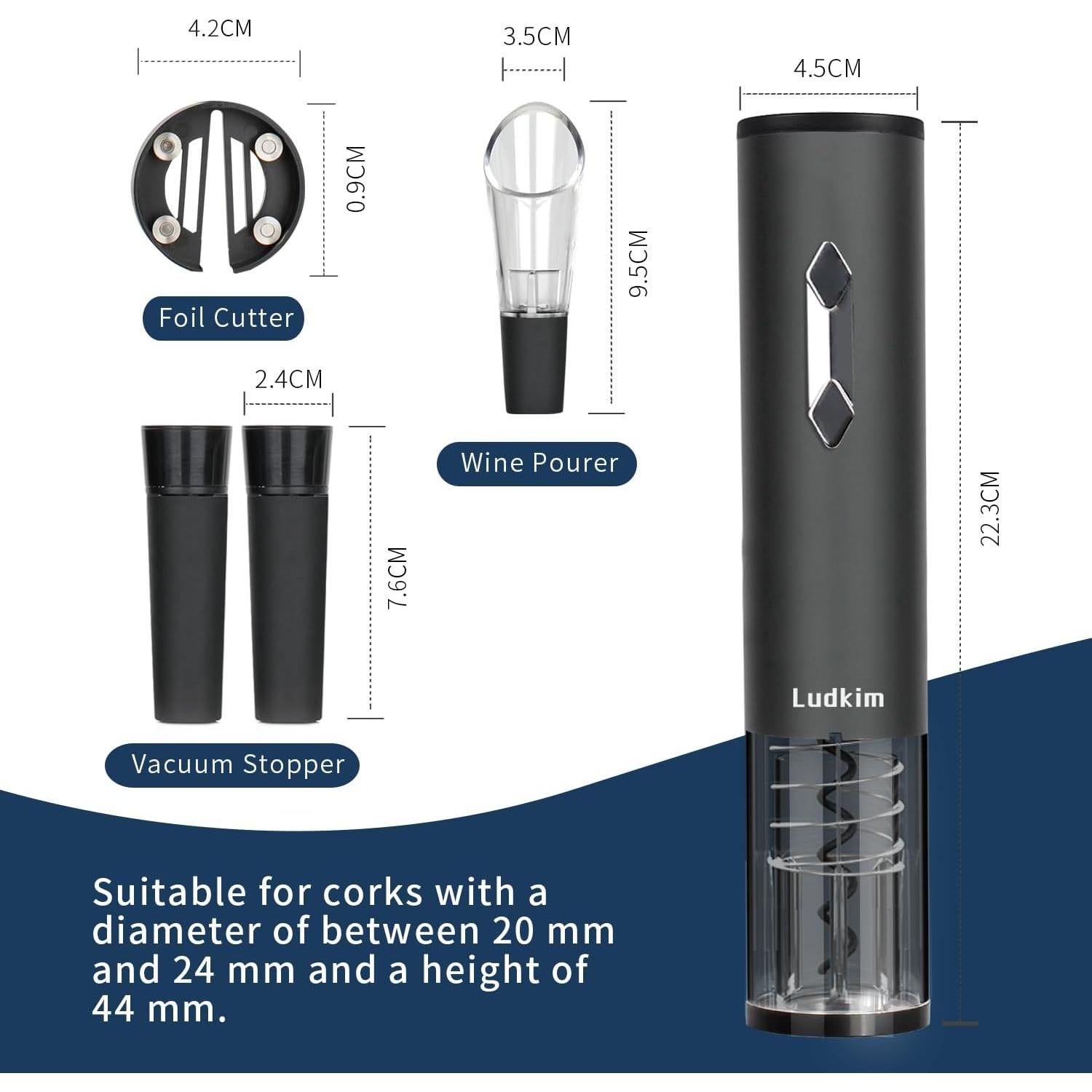 Juego Abridor de Vino Eléctrico Ludkim C011PRO con Aerador y Tapones