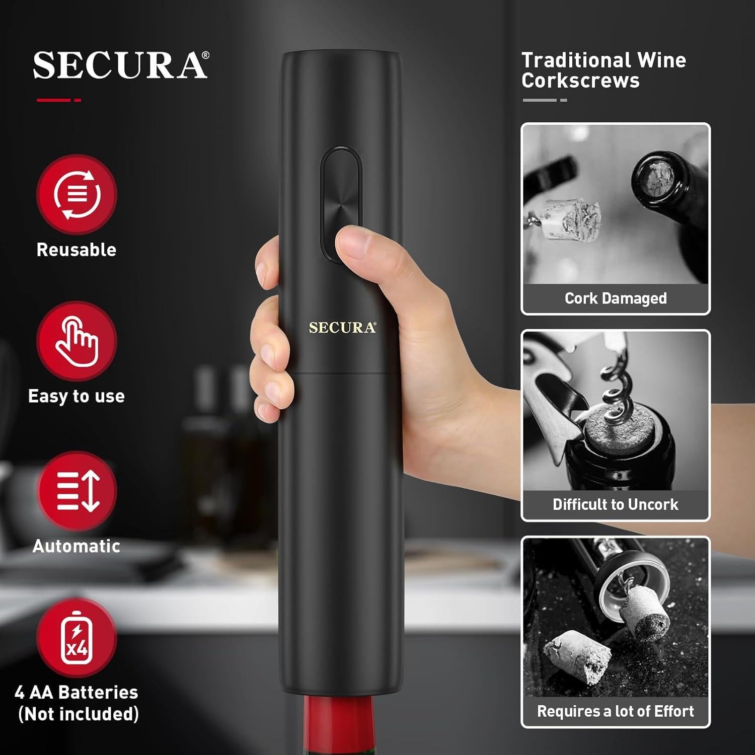 Abridor de Vino Eléctrico Secura KB1-602201 Negro 280g