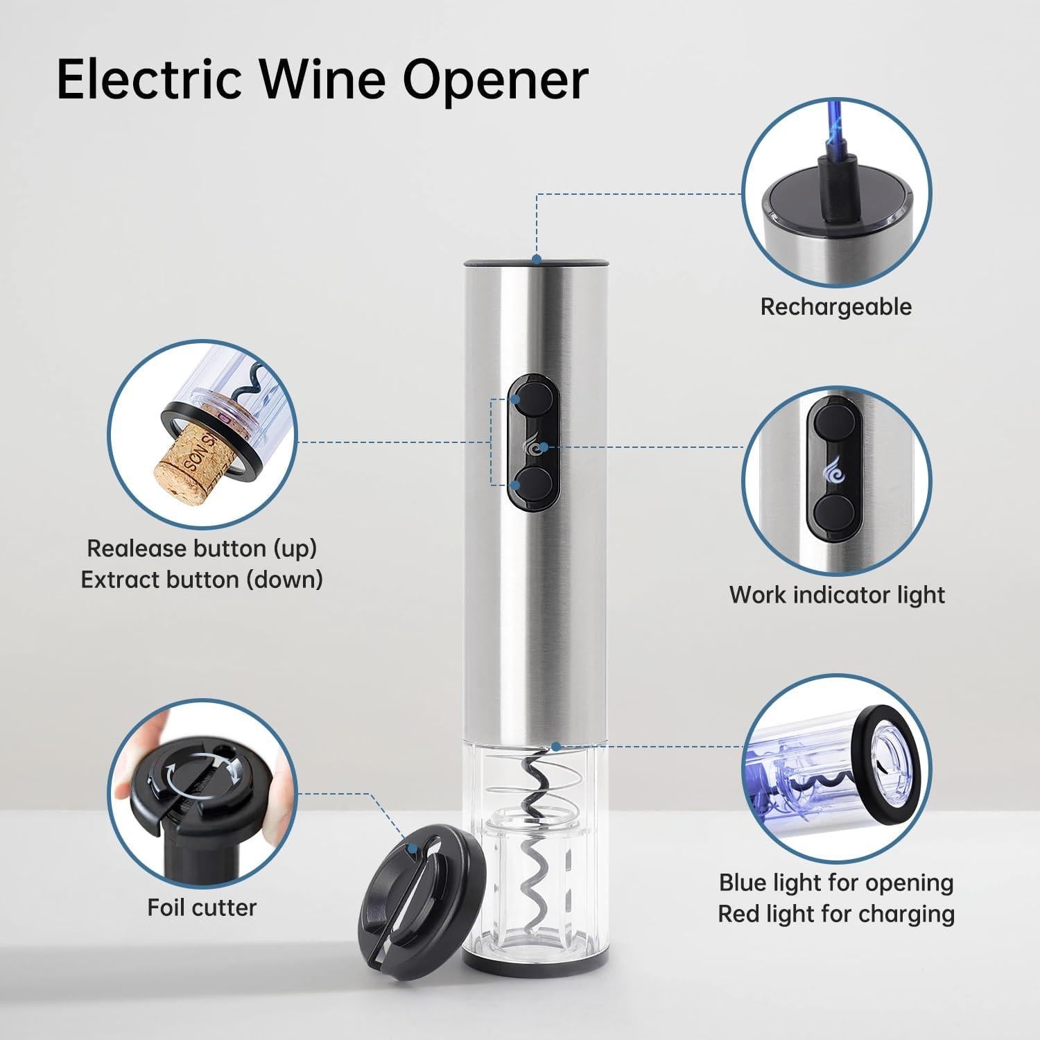 Abridor de Vino Eléctrico ELMWAY Recargable Acero Inoxidable