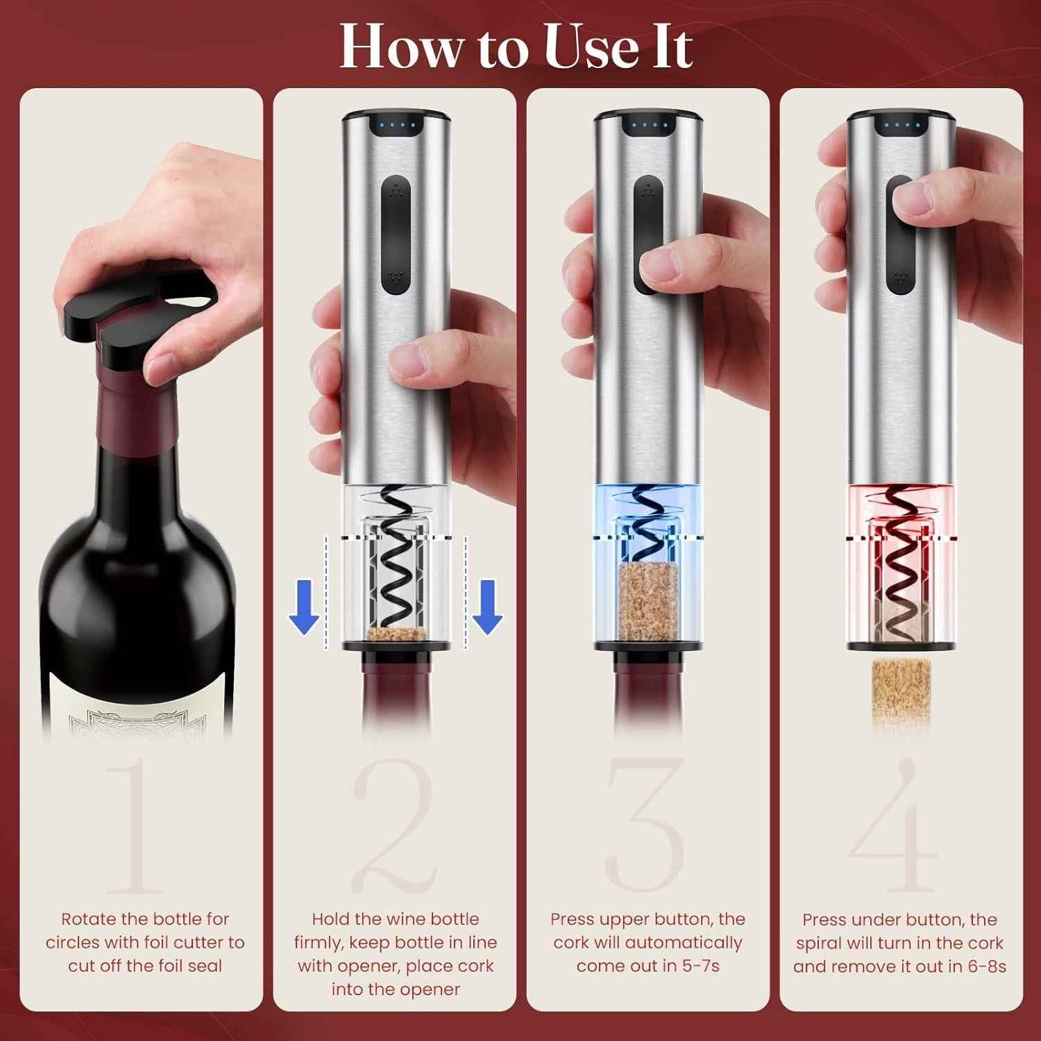 Abridor de Vino Eléctrico HomeHacks Recargable con Cortador