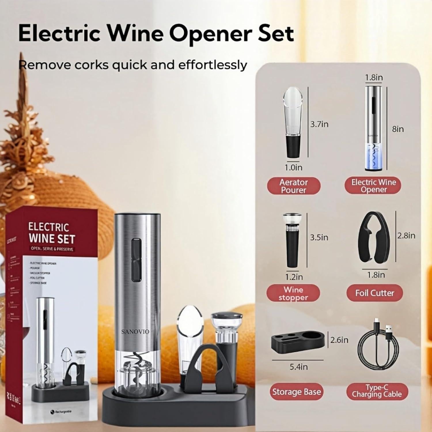 Set de abridor de vino eléctrico 6 en 1 SANOVIO - Acero inoxidable