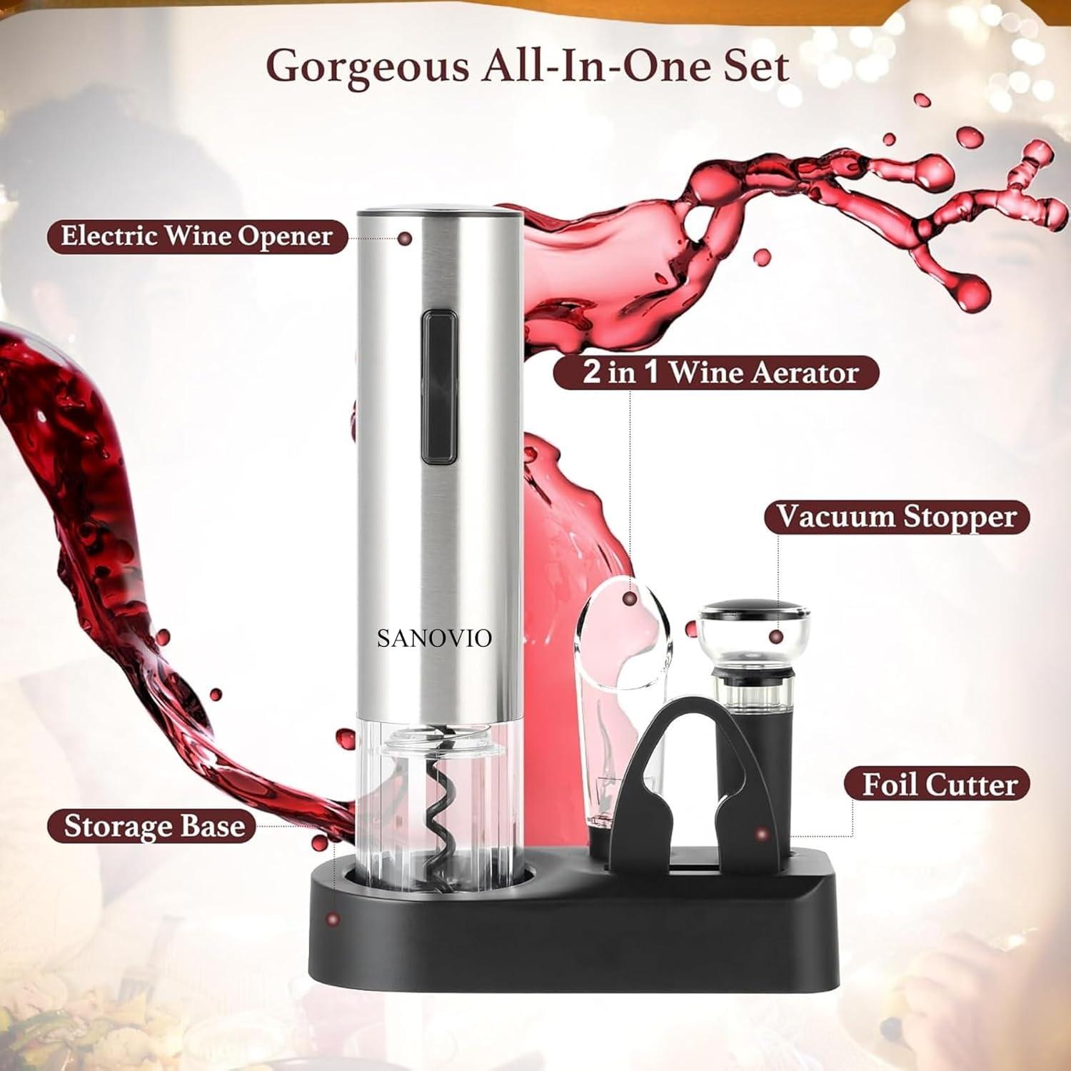 Set de abridor de vino eléctrico 6 en 1 SANOVIO - Acero inoxidable