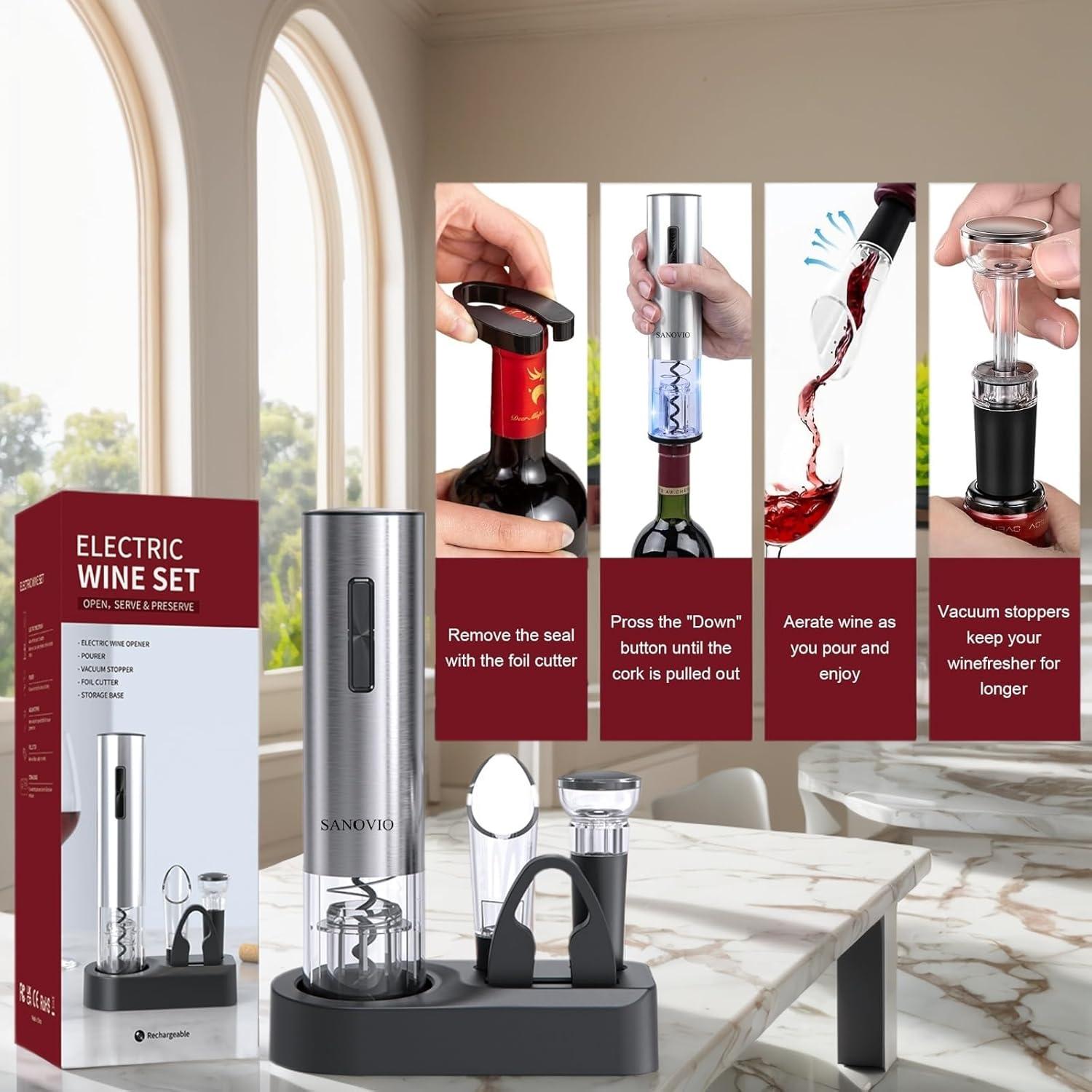 Set de abridor de vino eléctrico 6 en 1 SANOVIO - Acero inoxidable